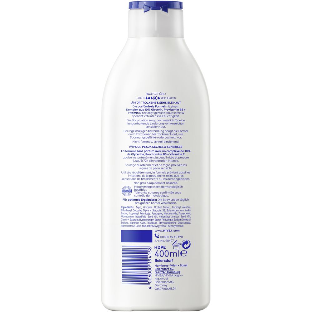 Rückseite der weißen Flasche. Enthält Informationen zu Inhaltsstoffen und Hersteller. Barcode und Volumenangabe: 400ml.