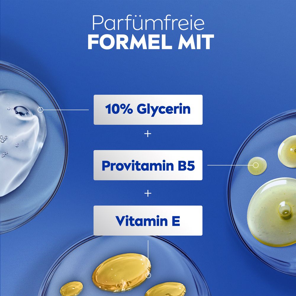 Drei transparente Tropfen auf blauem Hintergrund. Text: 10% Glycerin, Provitamin B5, Vitamin E.