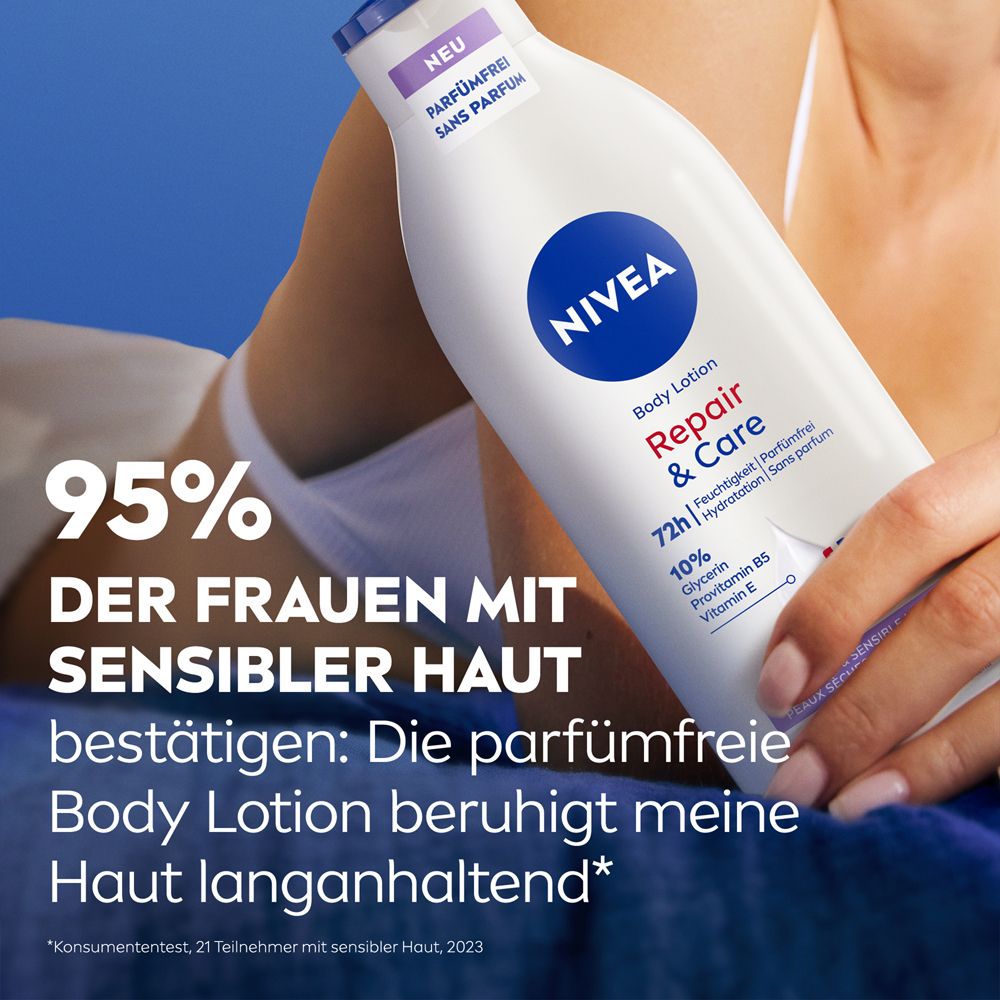 Flasche neben Arm. Text: 95% der Frauen mit sensibler Haut bestätigen: Die parfümfreie Body Lotion beruhigt meine Haut langanhaltend.