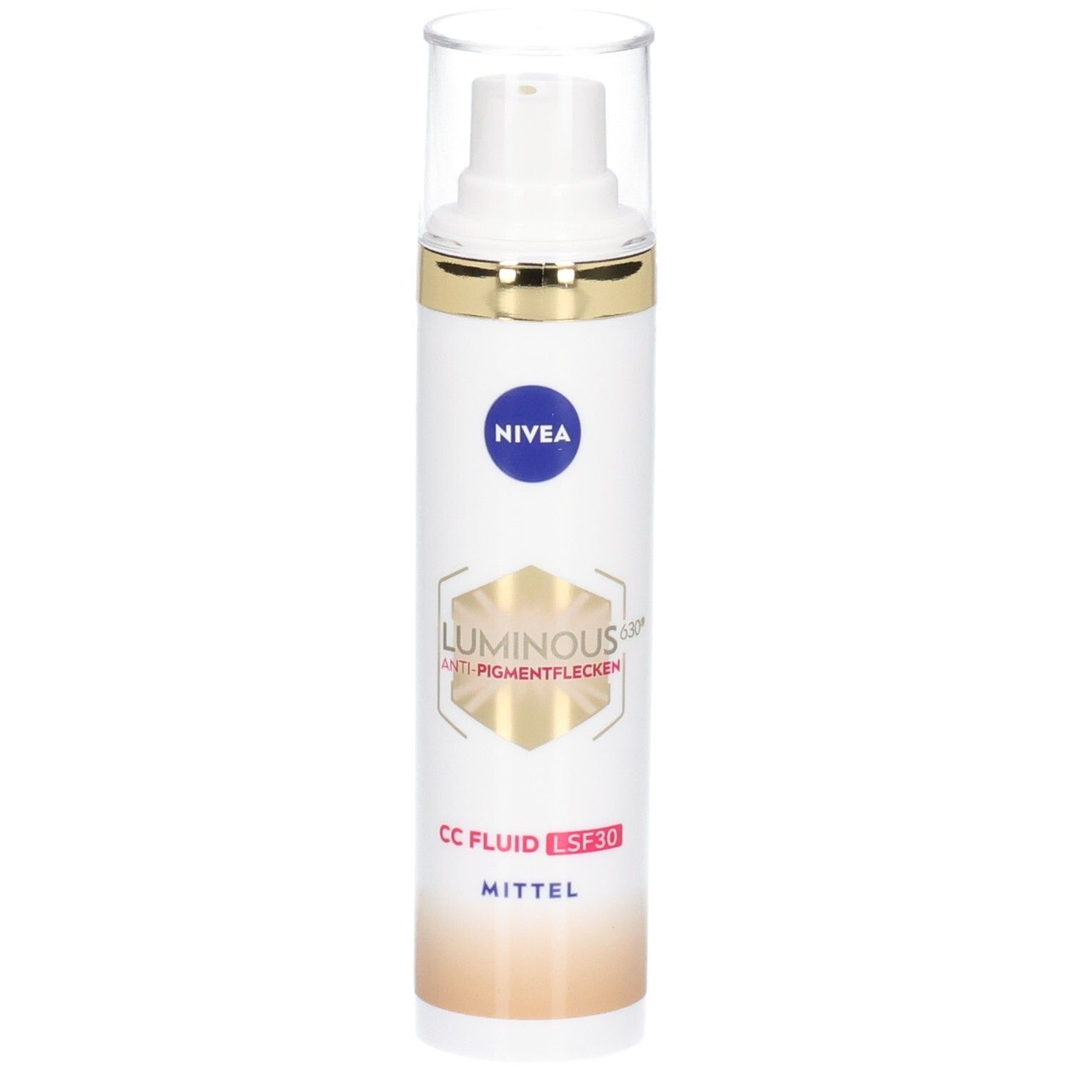 Weiß-goldene Flasche mit NIVEA-Logo und Produktbezeichnung. CC Fluid LSF 30 Mittel. Transparenter Deckel.