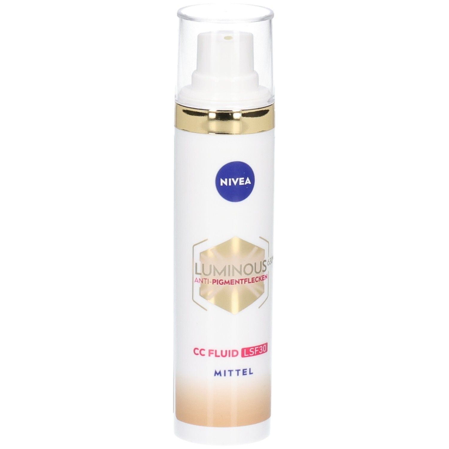 Weiße Flasche mit NIVEA-Logo und Produktbezeichnung. CC Fluid LSF 30 Mittel. Transparenter Deckel.