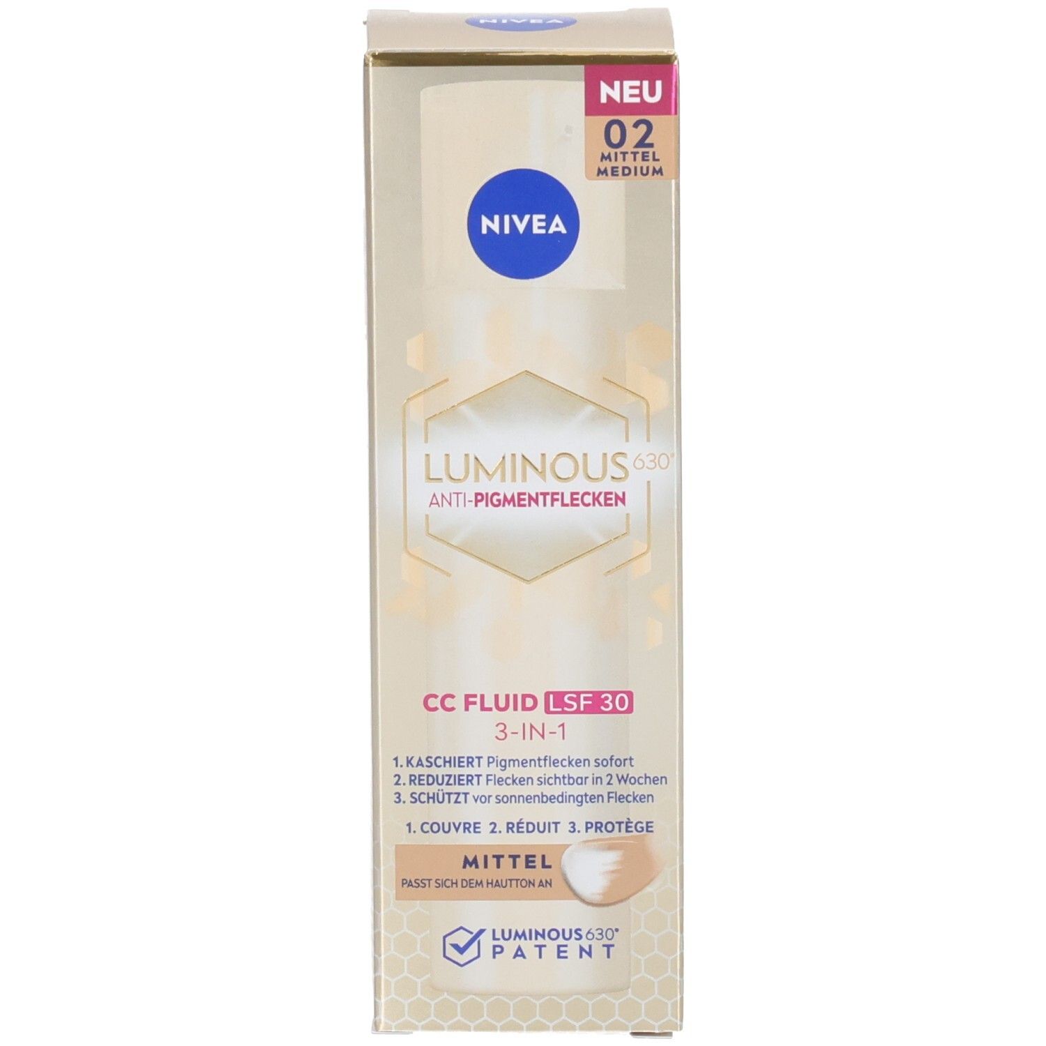 Verpackung. NIVEA Luminous630 Anti-Pigmentflecken CC Fluid LSF 30 Mittel. 3-in-1. Neu 02 Medium.