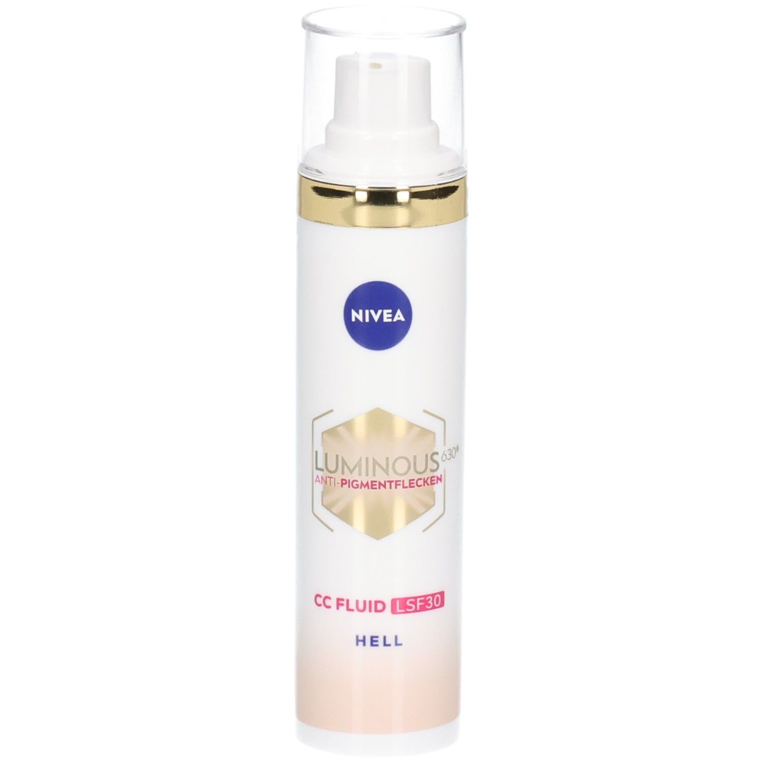 Weiß-goldene Flasche mit NIVEA-Logo und Produktbezeichnung. Transparentkappe. CC Fluid LSF 30 Hell.