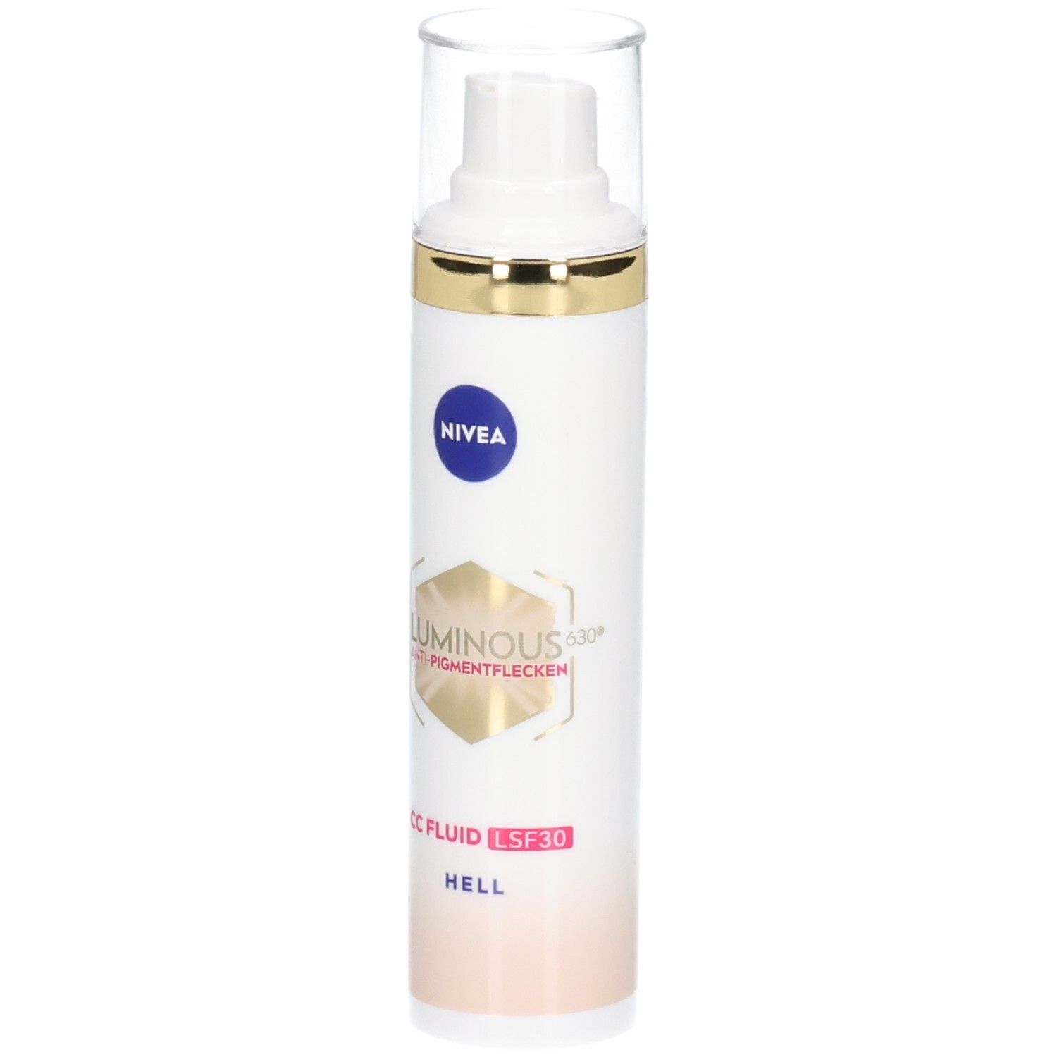 Weiß-goldene Flasche mit NIVEA-Logo und Produktbezeichnung. Transparentkappe. CC Fluid LSF 30 Hell.