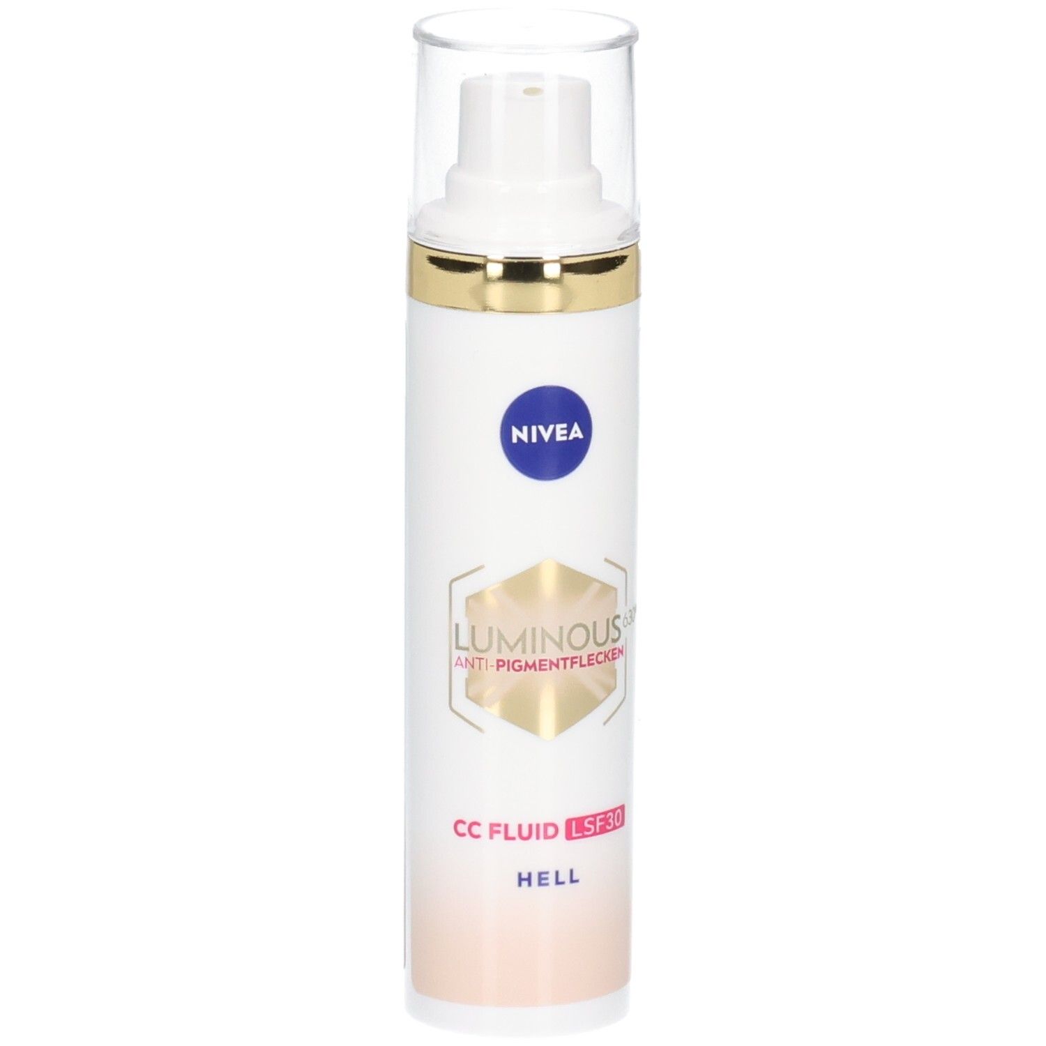 Weiß-goldene Flasche mit NIVEA-Logo und Produktbezeichnung. Transparentkappe. CC Fluid LSF 30 Hell.