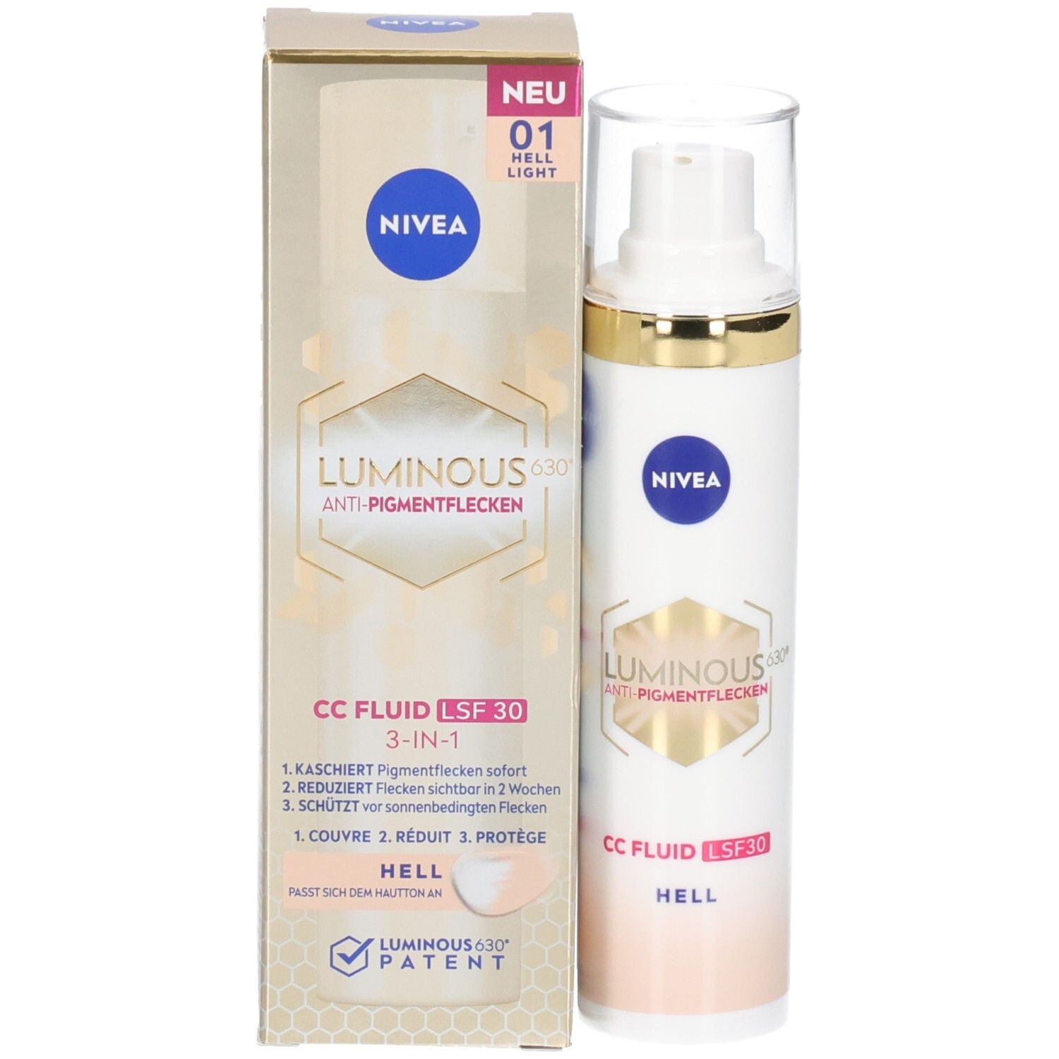 Produktflasche und Verpackung. NIVEA Luminous 630 CC Fluid LSF 30. 3-in-1. Hell. Goldene Verpackung.