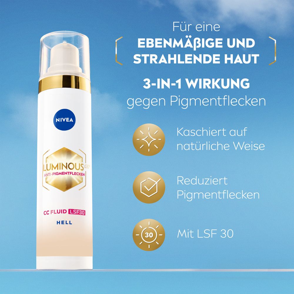 NIVEA Luminous 630 CC Fluid LSF30 Hell mit 3-in-1 Wirkung gegen Pigmentflecken.