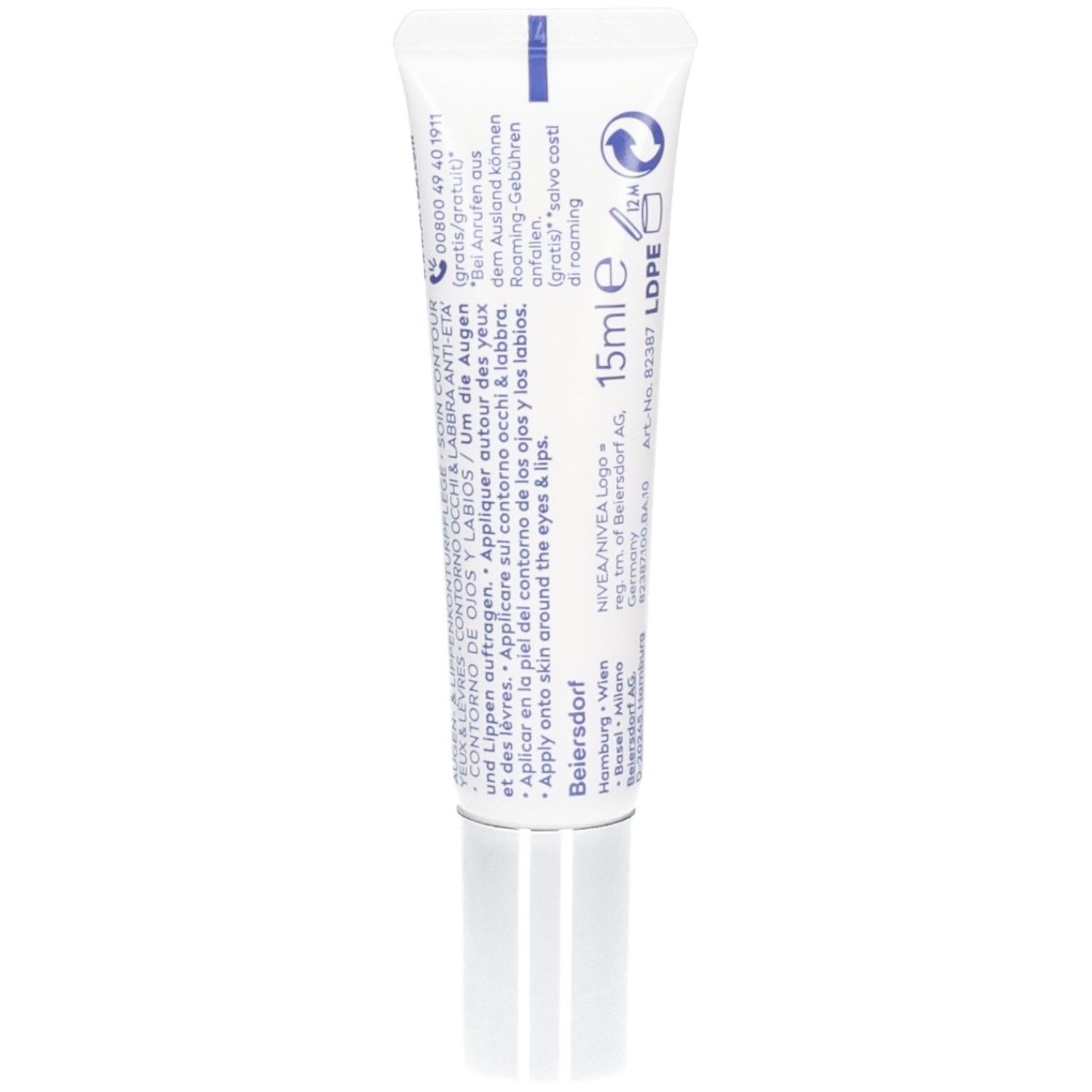 Rückseite der Tube. Text mit Inhaltsstoffen und Anwendungshinweisen. 15ml. NIVEA Logo.