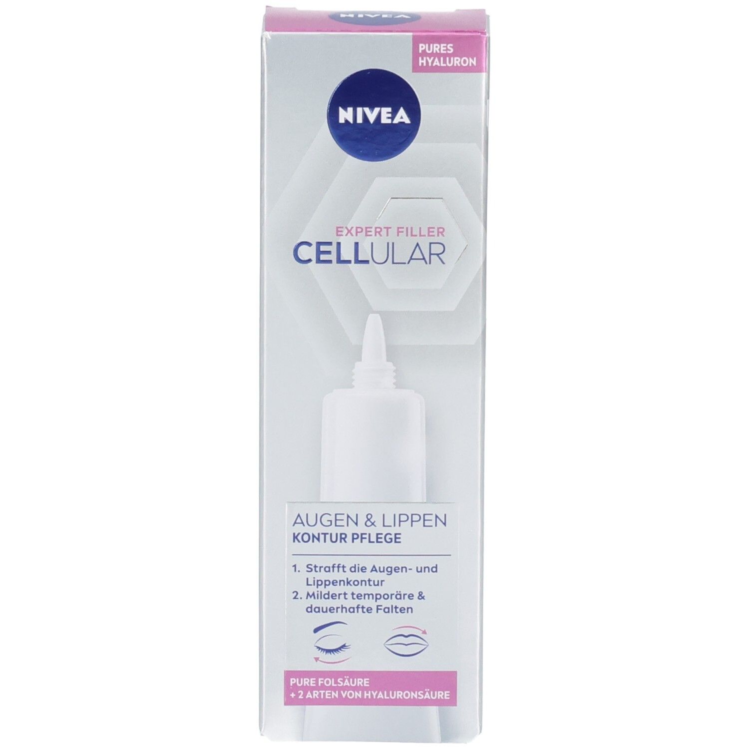 Kartonverpackung. NIVEA Logo. CELLULAR EXPERT FILLER. Augen & Lippen Kontur Pflege. Abbildung einer Tube.