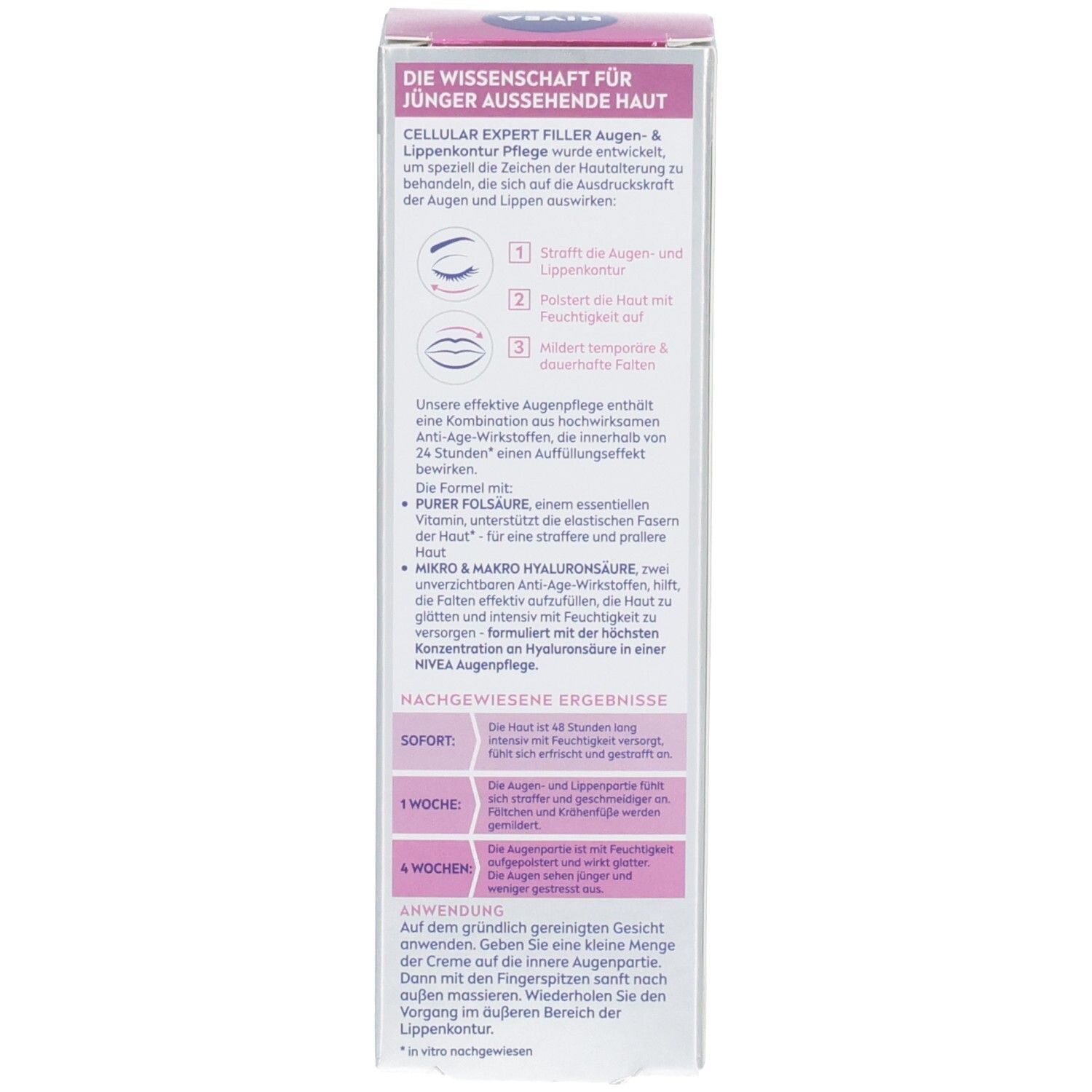 Kartonverpackung. Text über die Vorteile des Produkts. Anwendungshinweise. NIVEA Logo. CELLULAR EXPERT FILLER.