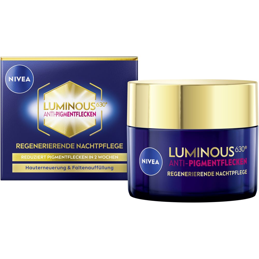 NIVEA LUMINOUS630® Anti-Pigmentflecken Nachtpflege im blauen Tiegel mit goldener Kappe, daneben die Verpackung.