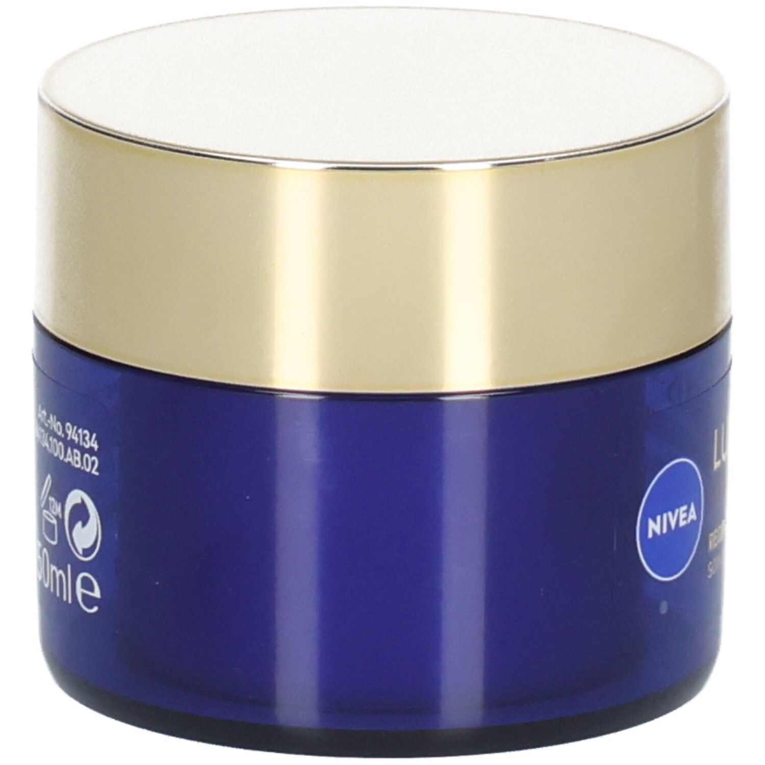 Blaue Creme-Dose mit goldenem Deckel. Auf der Rückseite: Informationen und Logos. 50ml.