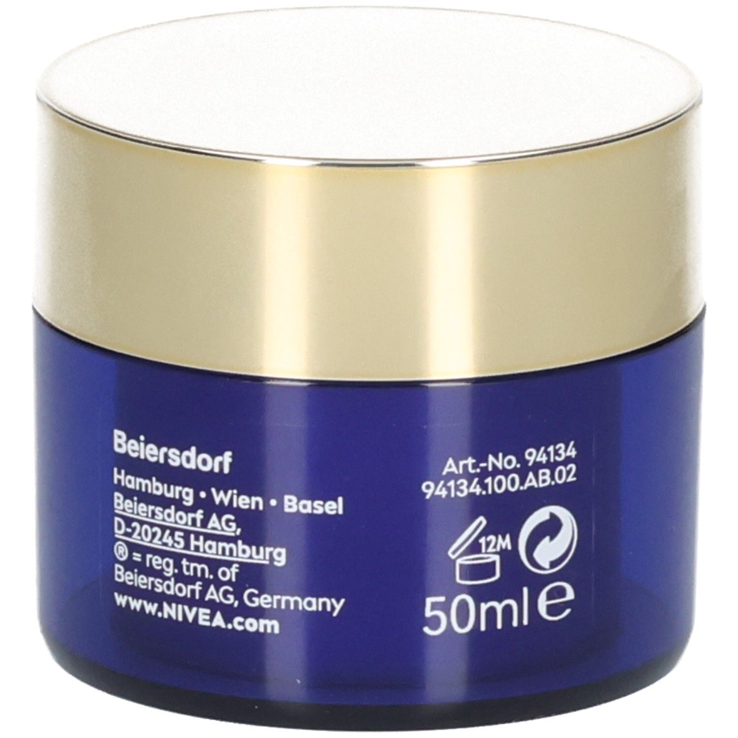 Blaue Creme-Dose mit goldenem Deckel. Rückseite mit Herstellerinformationen und 50ml.