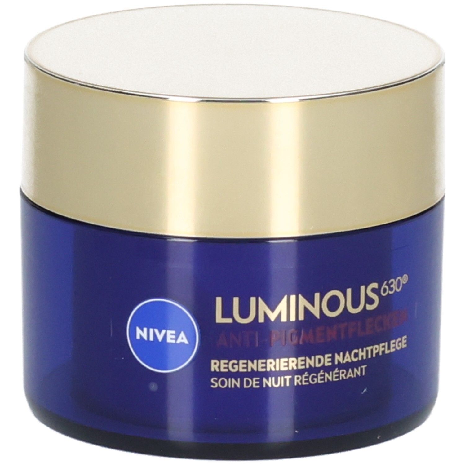 Blaue Creme-Dose mit goldenem Deckel. Aufschrift: NIVEA Luminous 630 Anti-Pigmentflecken Regenerierende Nachtpflege.
