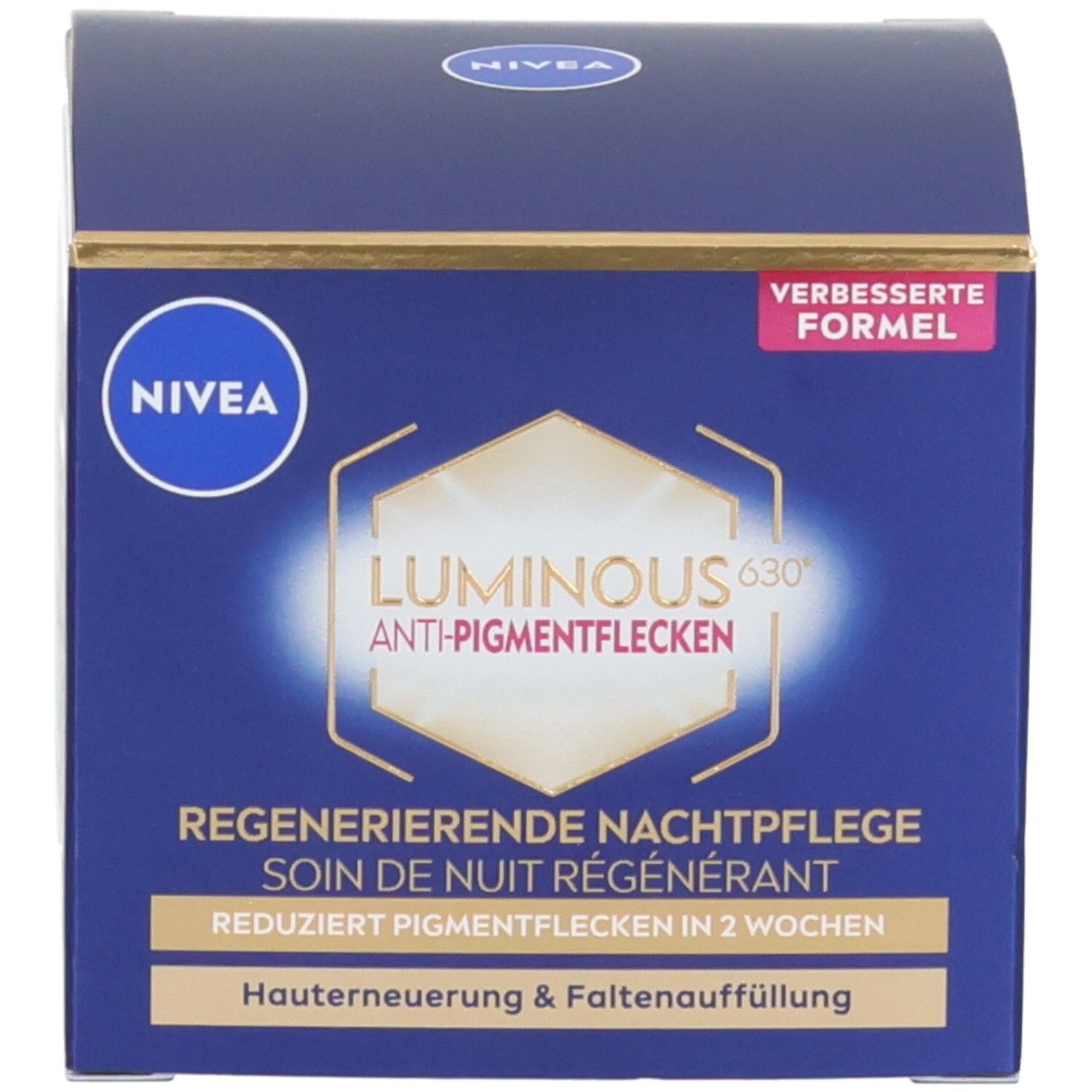 Blaue Schachtel. Aufschrift: NIVEA Luminous 630 Anti-Pigmentflecken Regenerierende Nachtpflege. Verbessert Formel.