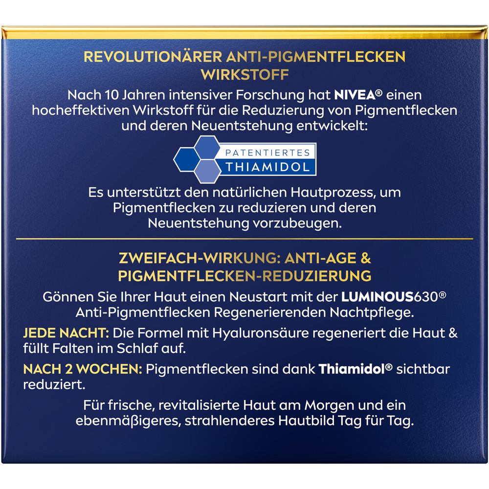 Rückseite der NIVEA LUMINOUS630® Nachtpflege-Verpackung mit Informationen zu Inhaltsstoffen und Wirkung.