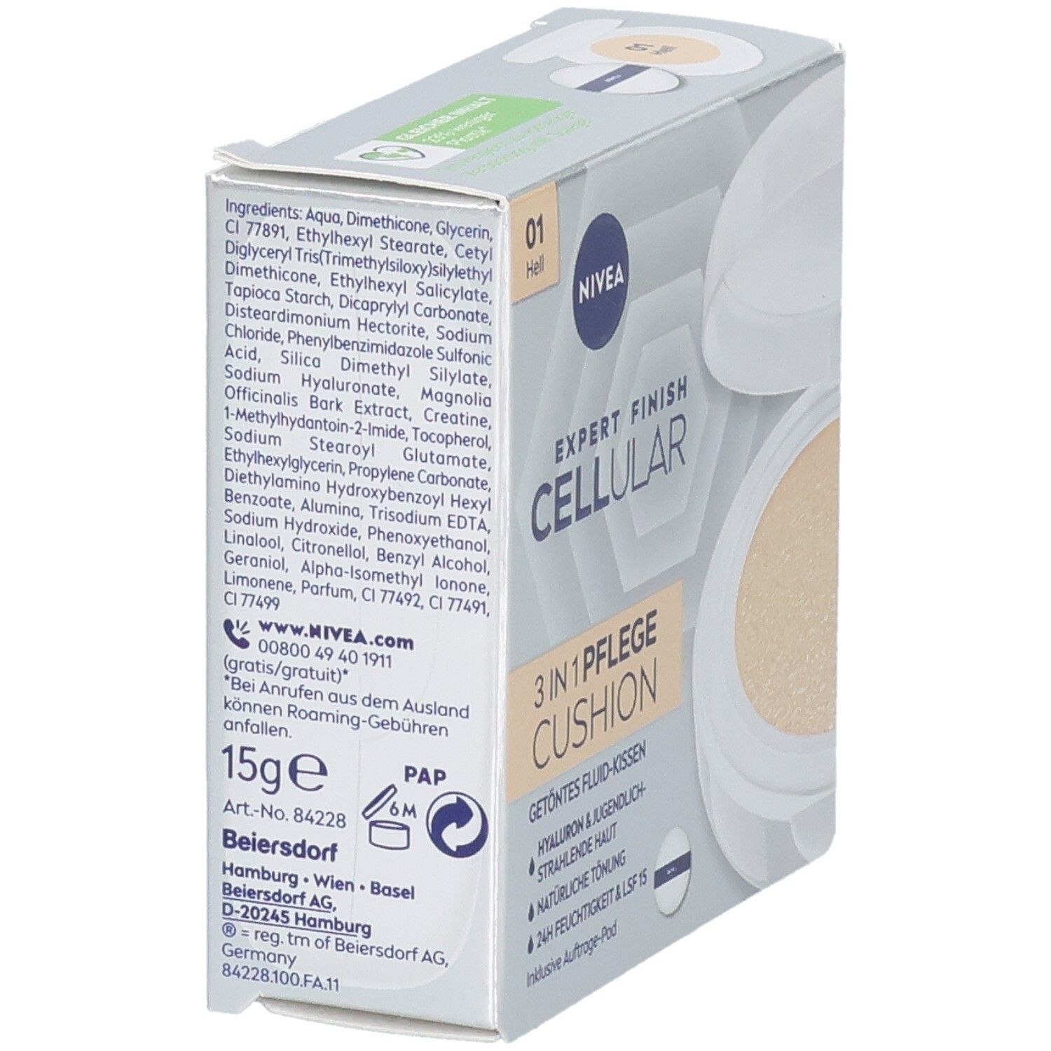 NIVEA CELLULAR Expert Finish 3in1 Pflege Cushion Hell. Verpackung, Seitenansicht. Inhaltsstoffe und Produktinformationen. Hellbeige Farbton.