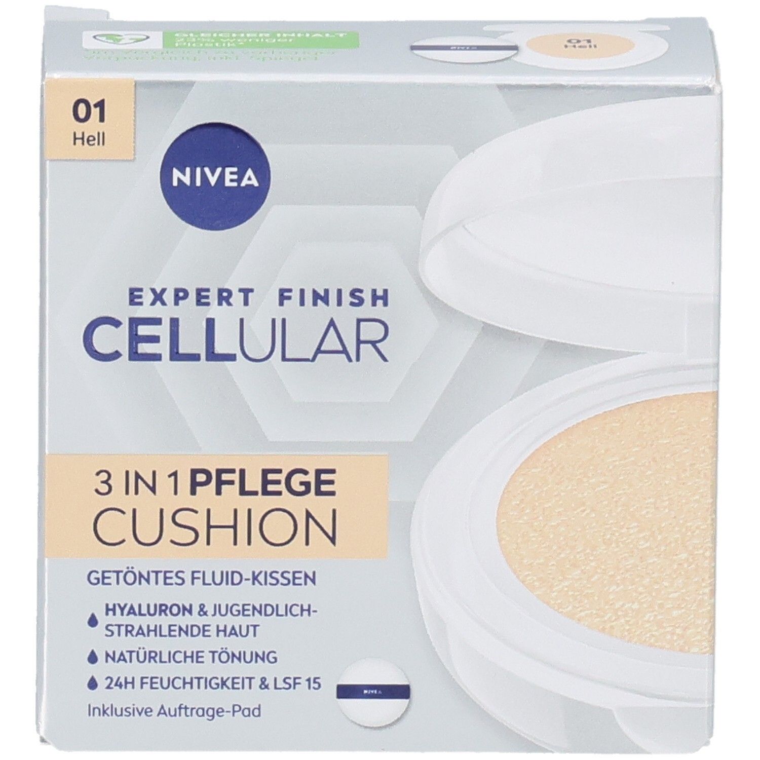 NIVEA CELLULAR Expert Finish 3in1 Pflege Cushion Hell. Verpackung mit Produkt und Applikator. Hellbeige Farbton. Sichtbare Schriftzüge.