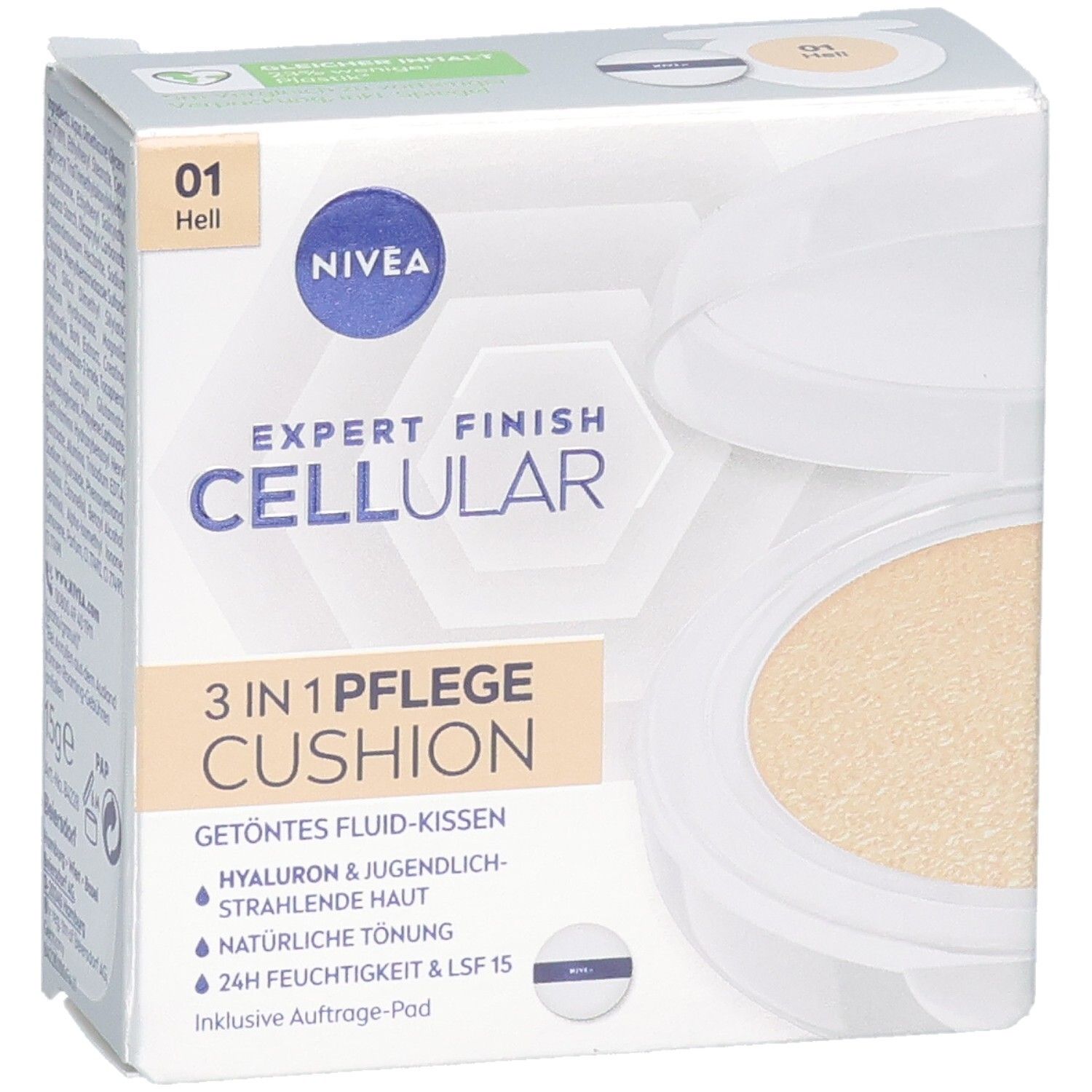 NIVEA CELLULAR Expert Finish 3in1 Pflege Cushion Hell. Verpackung mit Produkt und Applikator. Hellbeige Farbton. Sichtbare Schriftzüge.