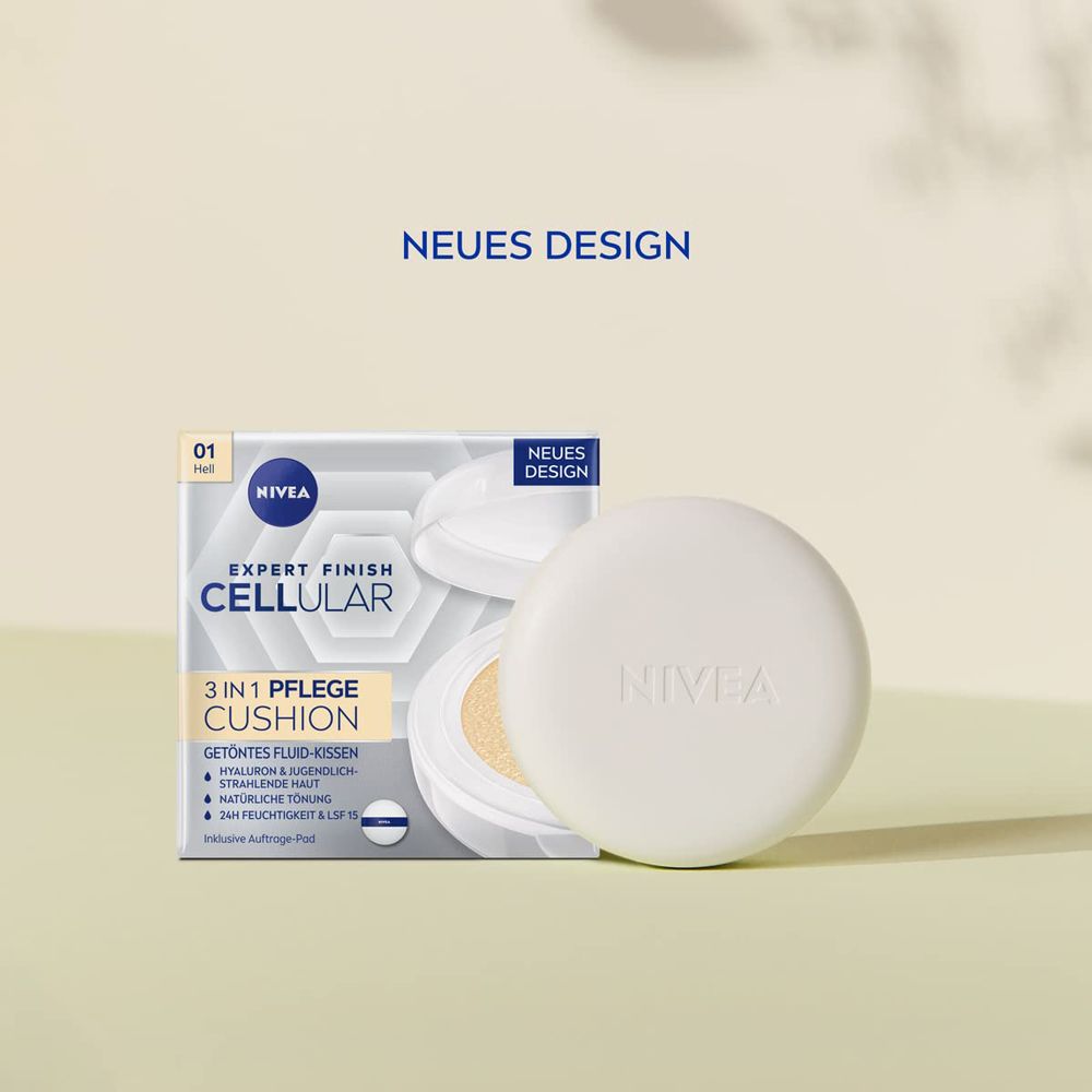 NIVEA CELLULAR Expert Finish 3in1 Pflege Cushion Hell (01) neben der Verpackung. Neues Design.