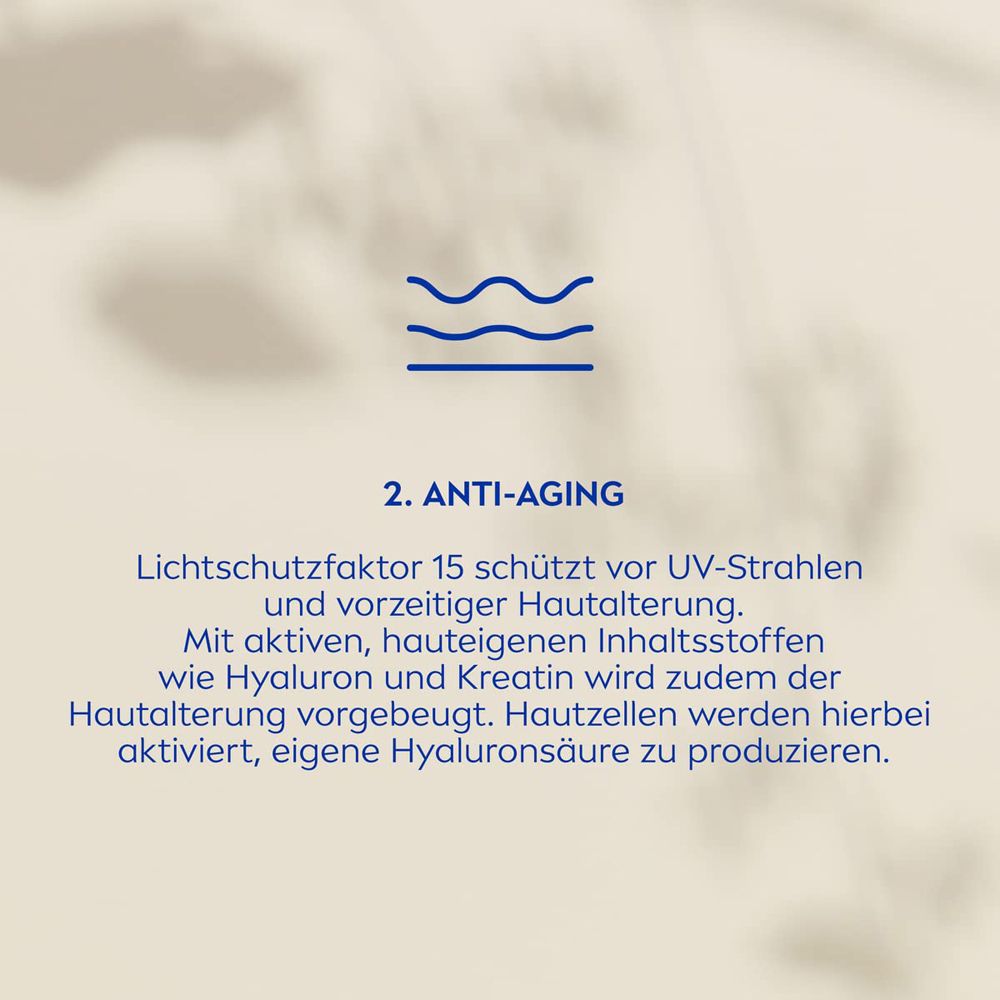 Symbol und Text: 2. Anti-Aging. LSF 15 schützt vor UV-Strahlen. Hyaluron & Kreatin.