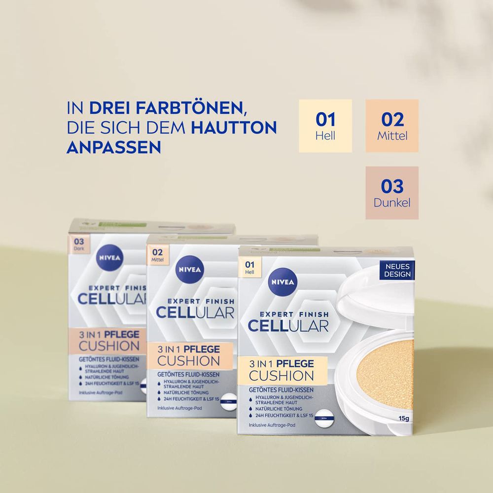 Drei NIVEA CELLULAR Expert Finish 3in1 Pflege Cushion Verpackungen in den Farbtönen Hell (01), Mittel (02), Dunkel (03).