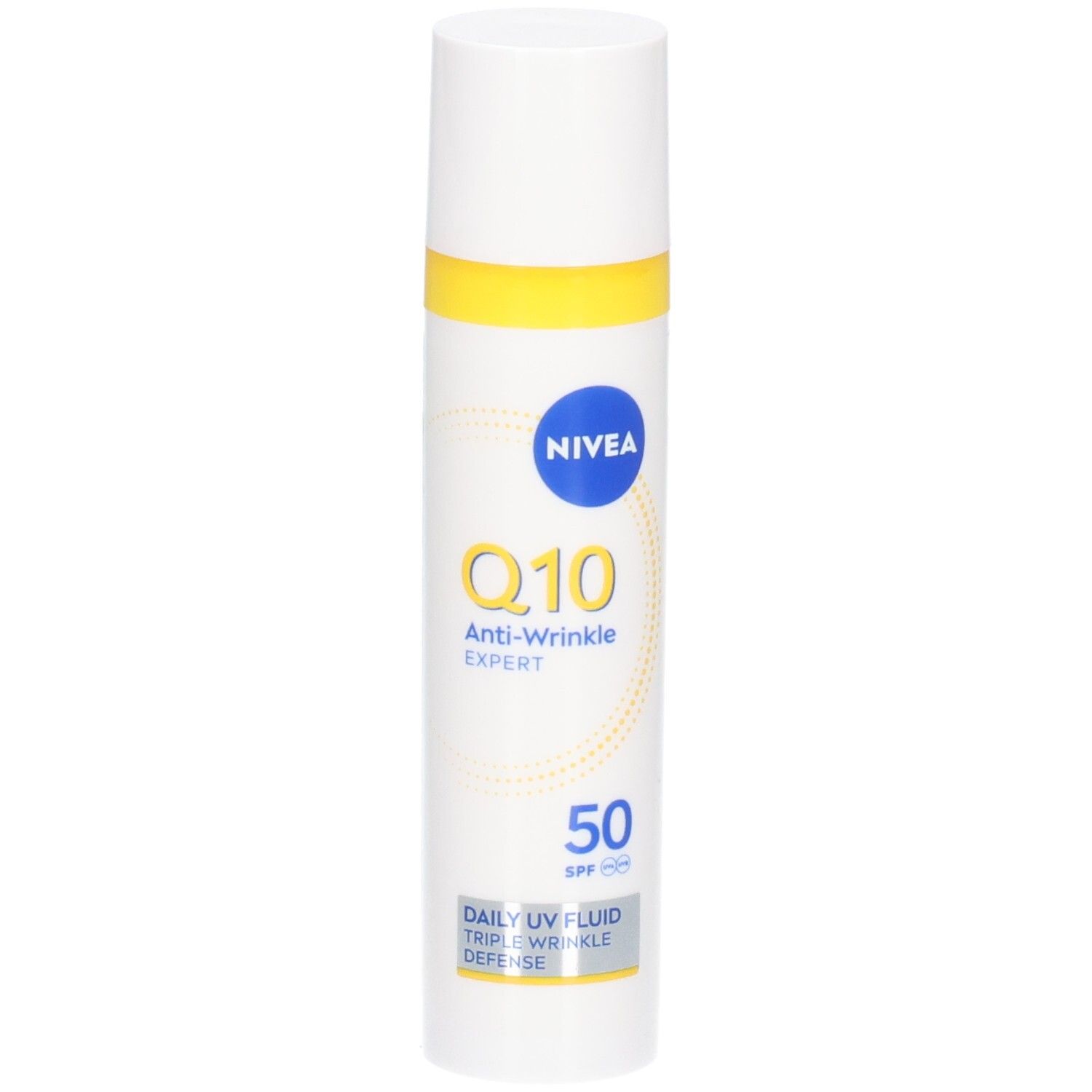 Weiße Flasche mit gelbem Streifen. NIVEA Q10 Anti-Falten EXPERTE, UV-Fluid LSF 50. Blaue Kappe.