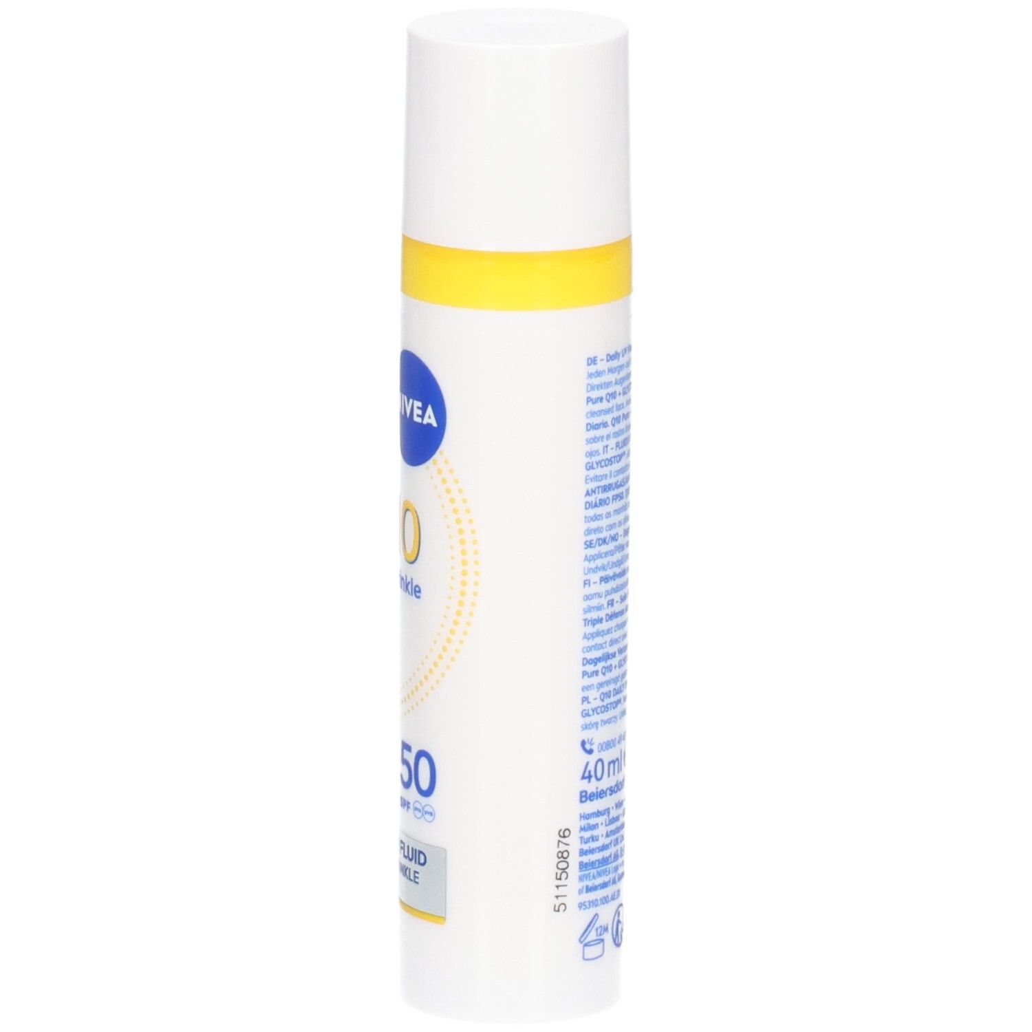 Weiße Flasche mit gelbem Streifen. NIVEA Q10 Anti-Falten EXPERTE, UV-Fluid LSF 50. 40ml.
