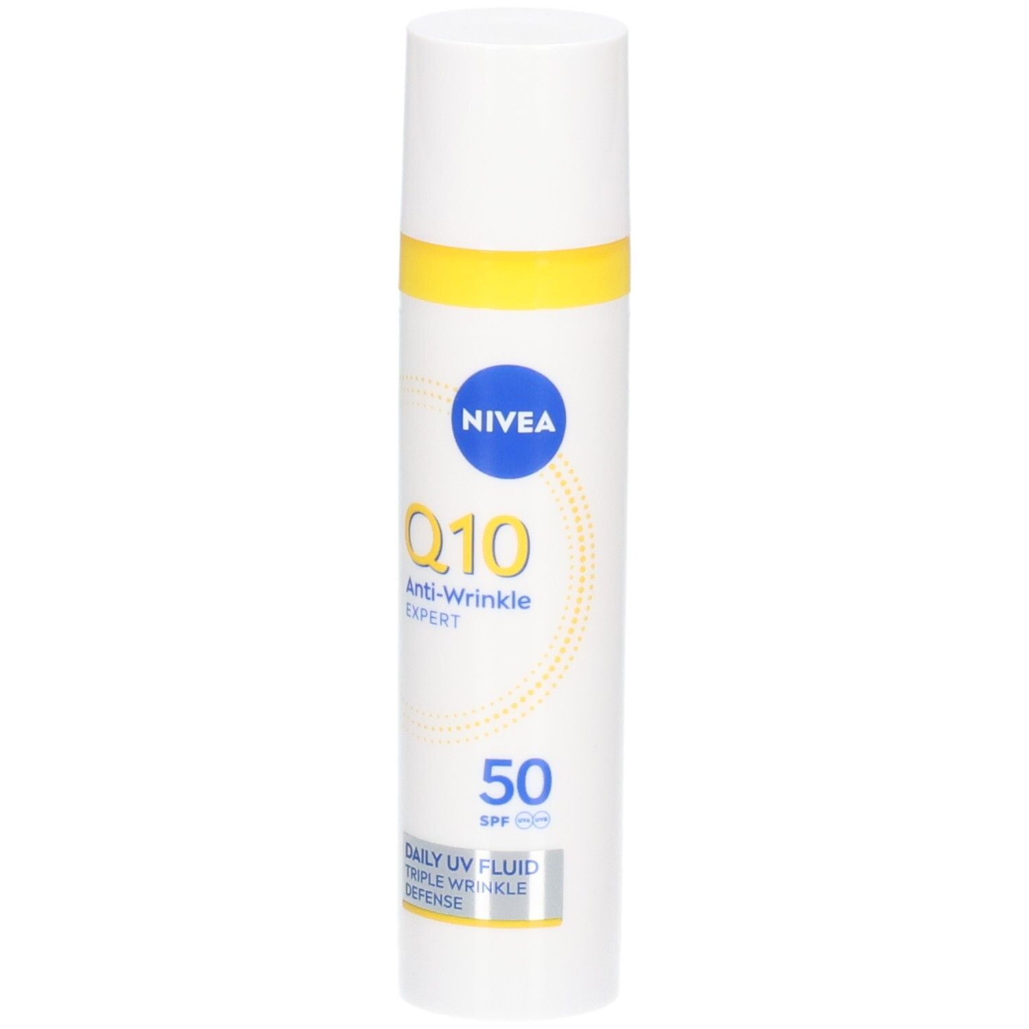 Weiße Flasche mit gelbem Streifen. NIVEA Q10 Anti-Falten EXPERTE, UV-Fluid LSF 50.