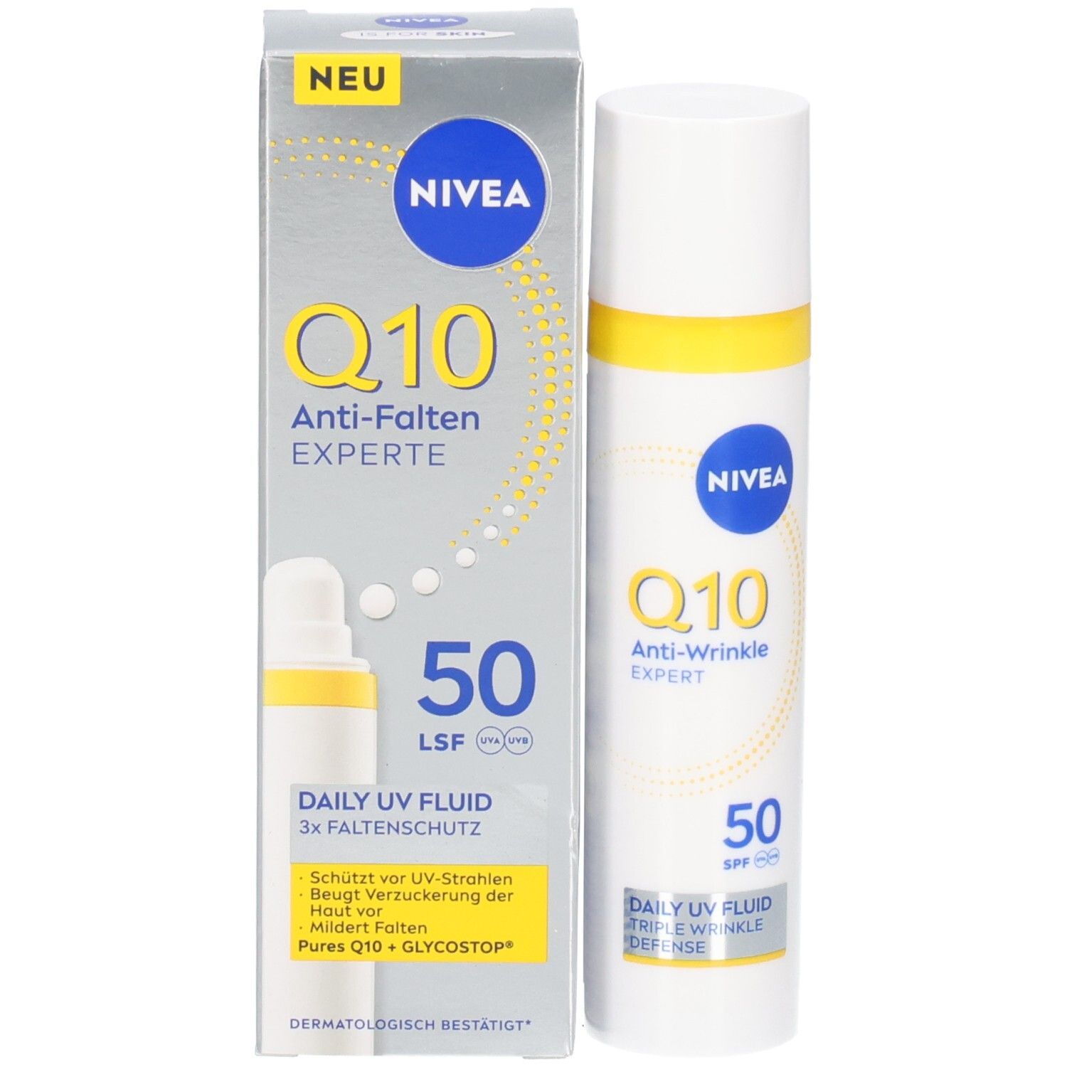 Produkt und Verpackung. NIVEA Q10 Anti-Falten EXPERTE, UV-Fluid LSF 50. Neu-Label.