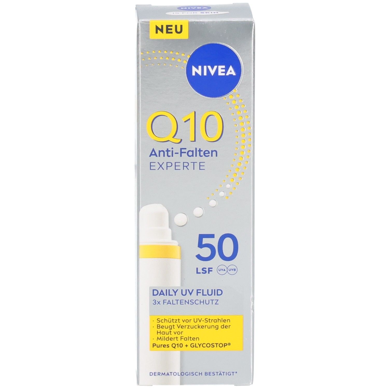 Produkt und Verpackung. NIVEA Q10 Anti-Falten EXPERTE, UV-Fluid LSF 50. Neu-Label.