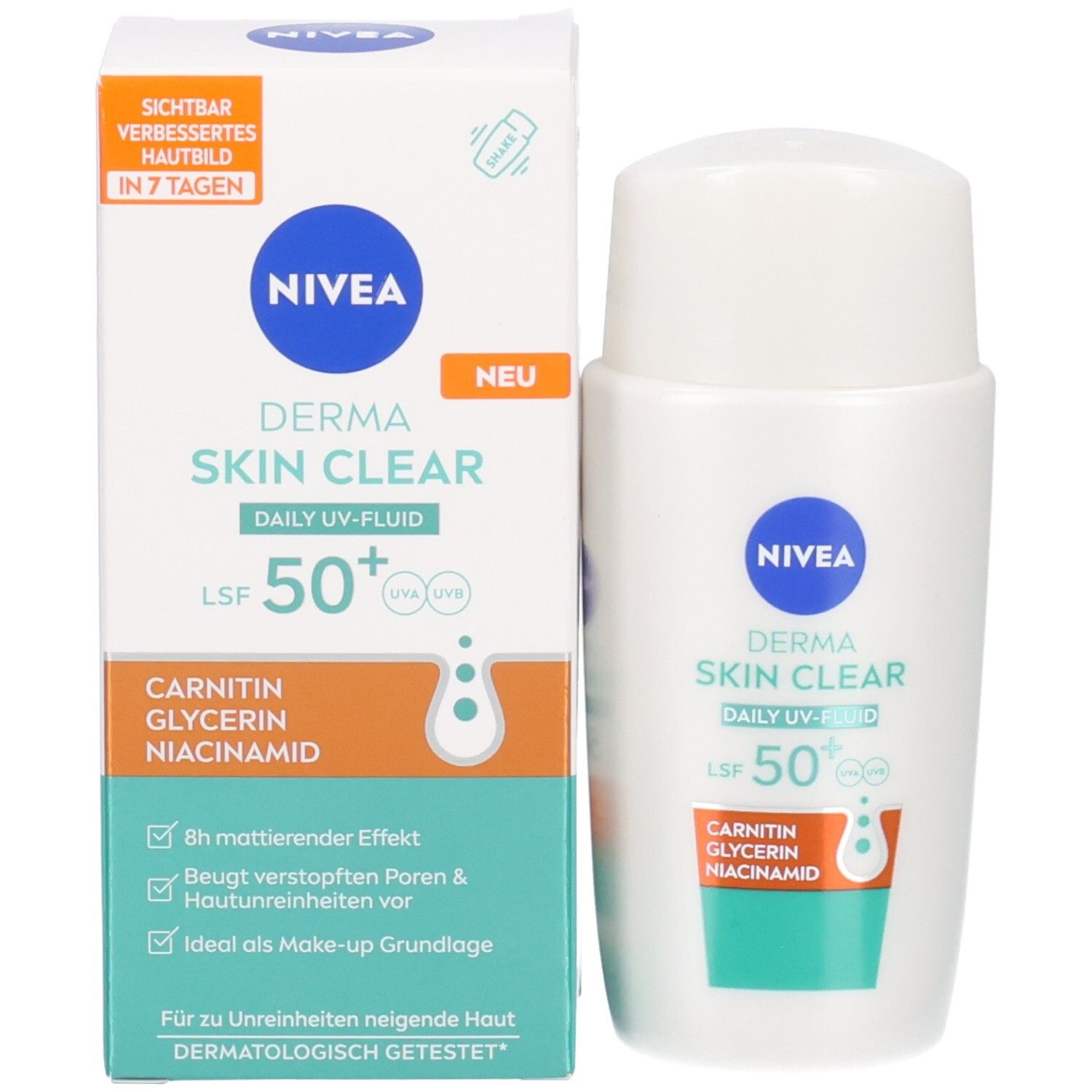 Produktverpackung mit Flasche. Text: NIVEA, DERMA SKIN CLEAR, DAILY UV-FLUID, LSF 50+. Sichtbar verbessertes Hautbild in 7 Tagen.