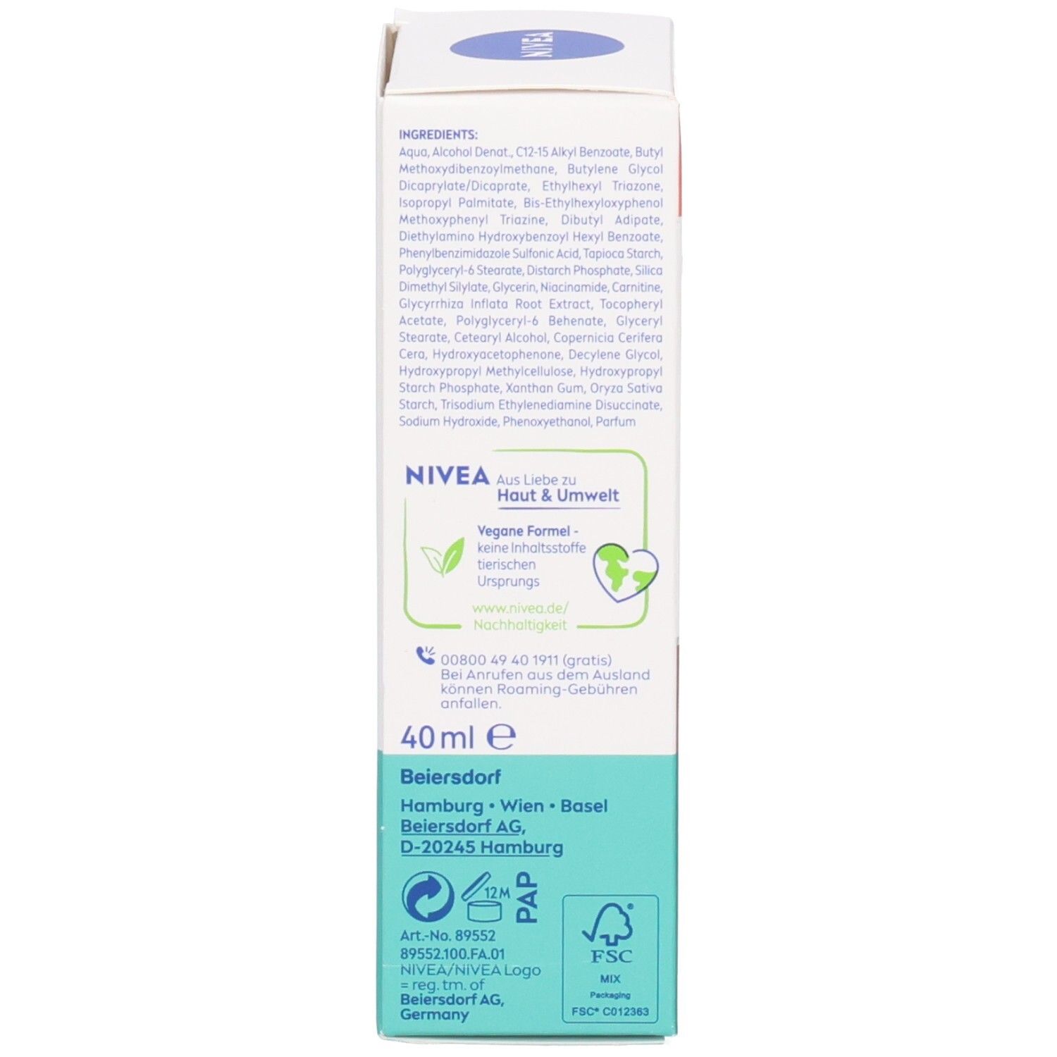 Verpackung mit Inhaltsstoffen und Informationen. Text: NIVEA, 40ml. Vegan, Haut & Umwelt. FSC-Zertifizierung.