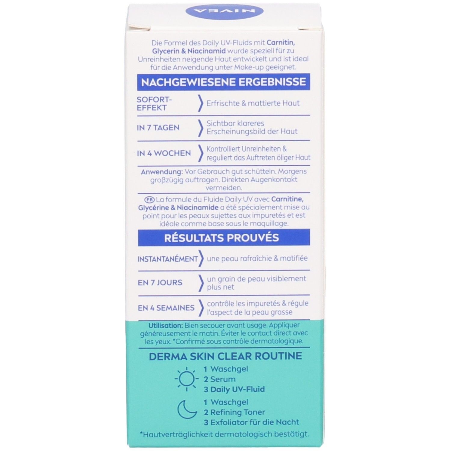 Verpackung mit Text. Text: Ergebnisse, sofort, in 7 Tagen, in 4 Wochen. Anwendungshinweise. DERMA SKIN CLEAR ROUTINE.