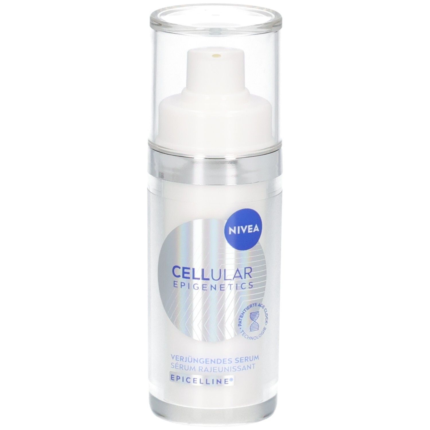 Weißer Serum-Flakon mit Pumpe und durchsichtigem Deckel. Blaue NIVEA-Marke und CELLULAR EPIGENETICS-Logo.