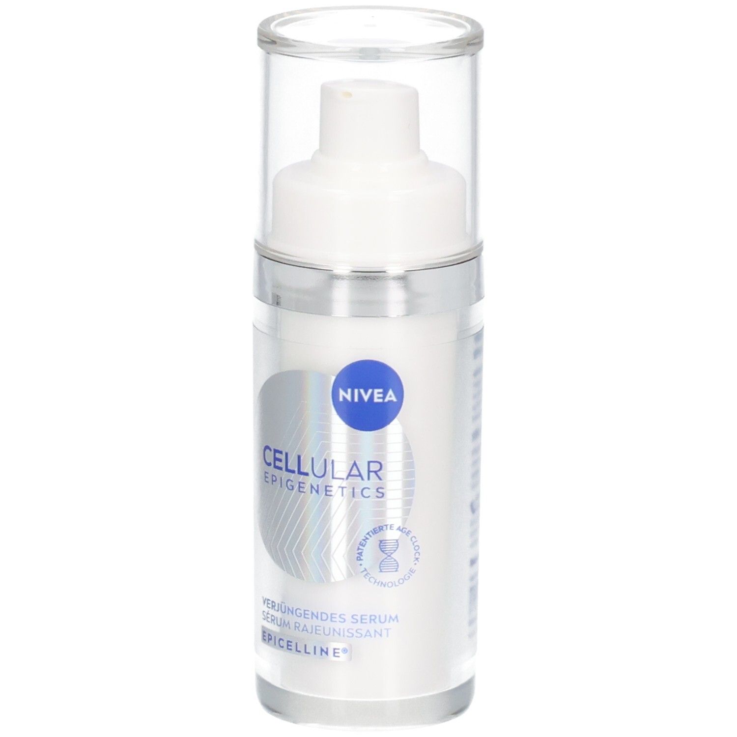 Weißer Serum-Flakon mit Pumpe und transparentem Deckel. Blaue NIVEA-Marke und CELLULAR EPIGENETICS-Logo.