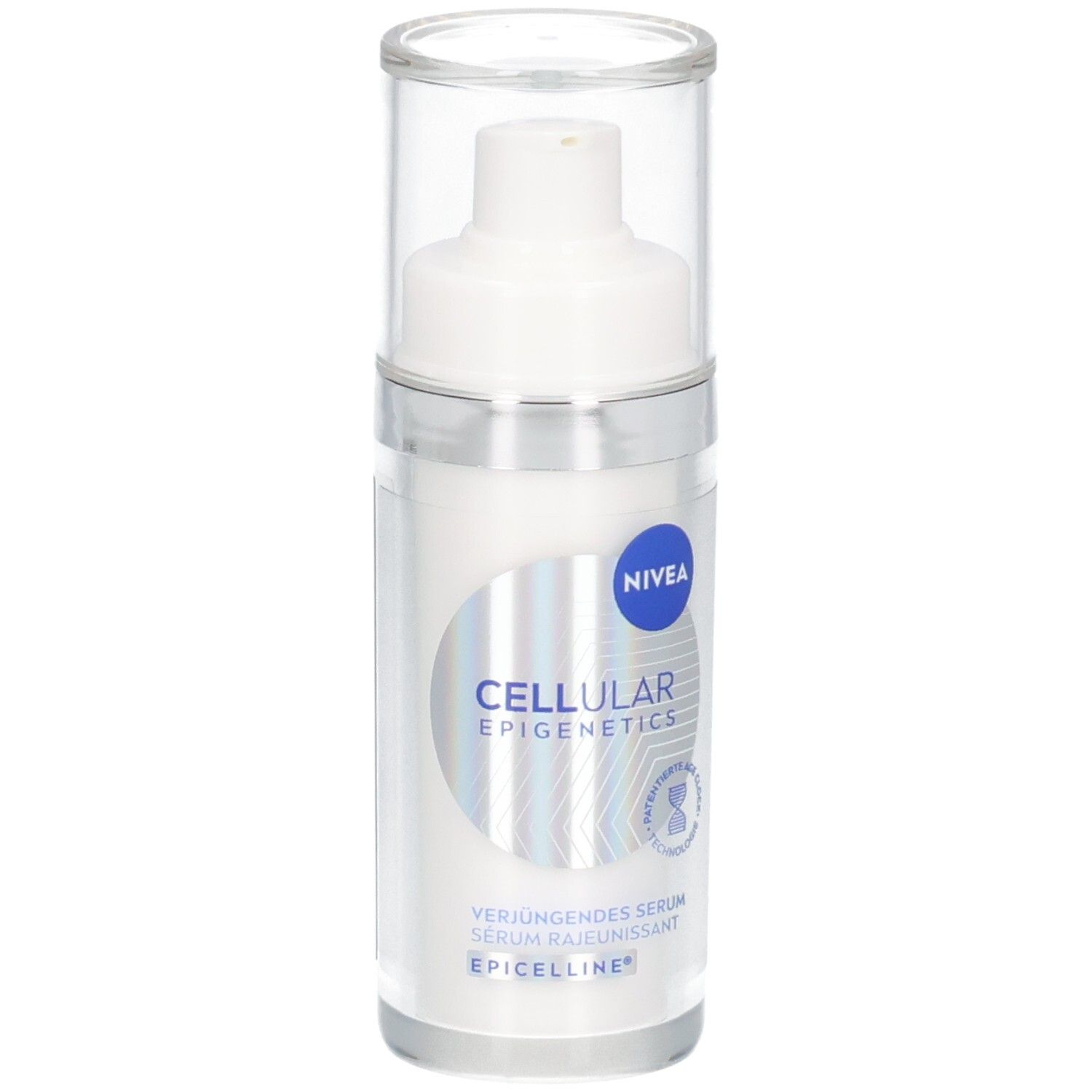 Weißer Serum-Flakon mit Pumpe und transparentem Deckel. Blaue NIVEA-Marke und CELLULAR EPIGENETICS-Logo.