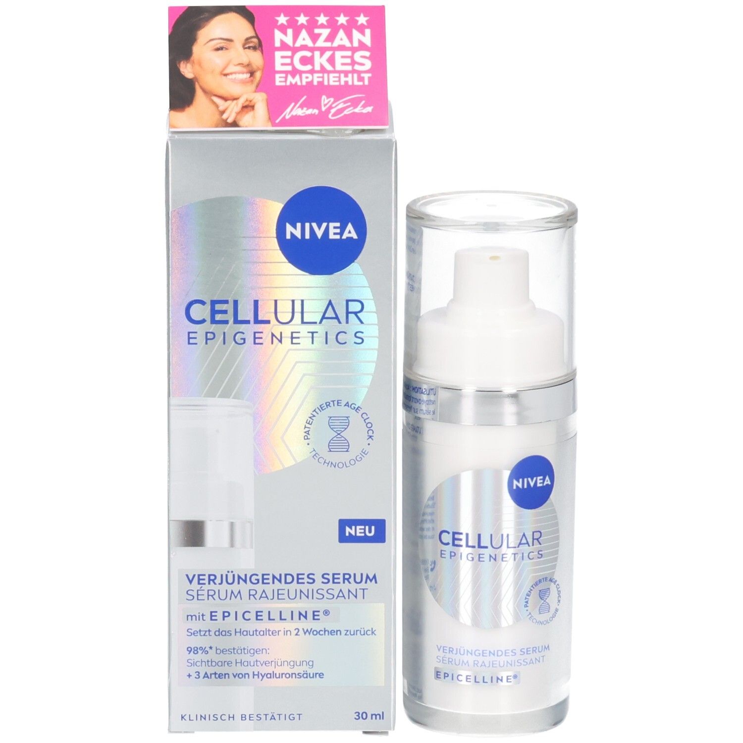 Produktverpackung mit Serumflakon. NIVEA, CELLULAR EPIGENETICS, Nazan Eckes Empfehlung, 30ml.