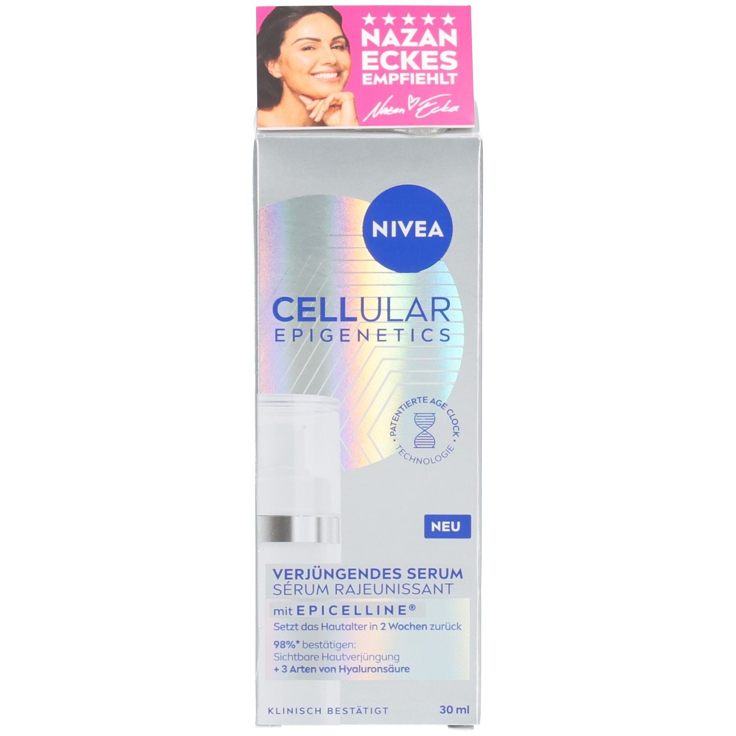 Produktverpackung mit Serumflakon. NIVEA, CELLULAR EPIGENETICS, Nazan Eckes Empfehlung, 30ml.