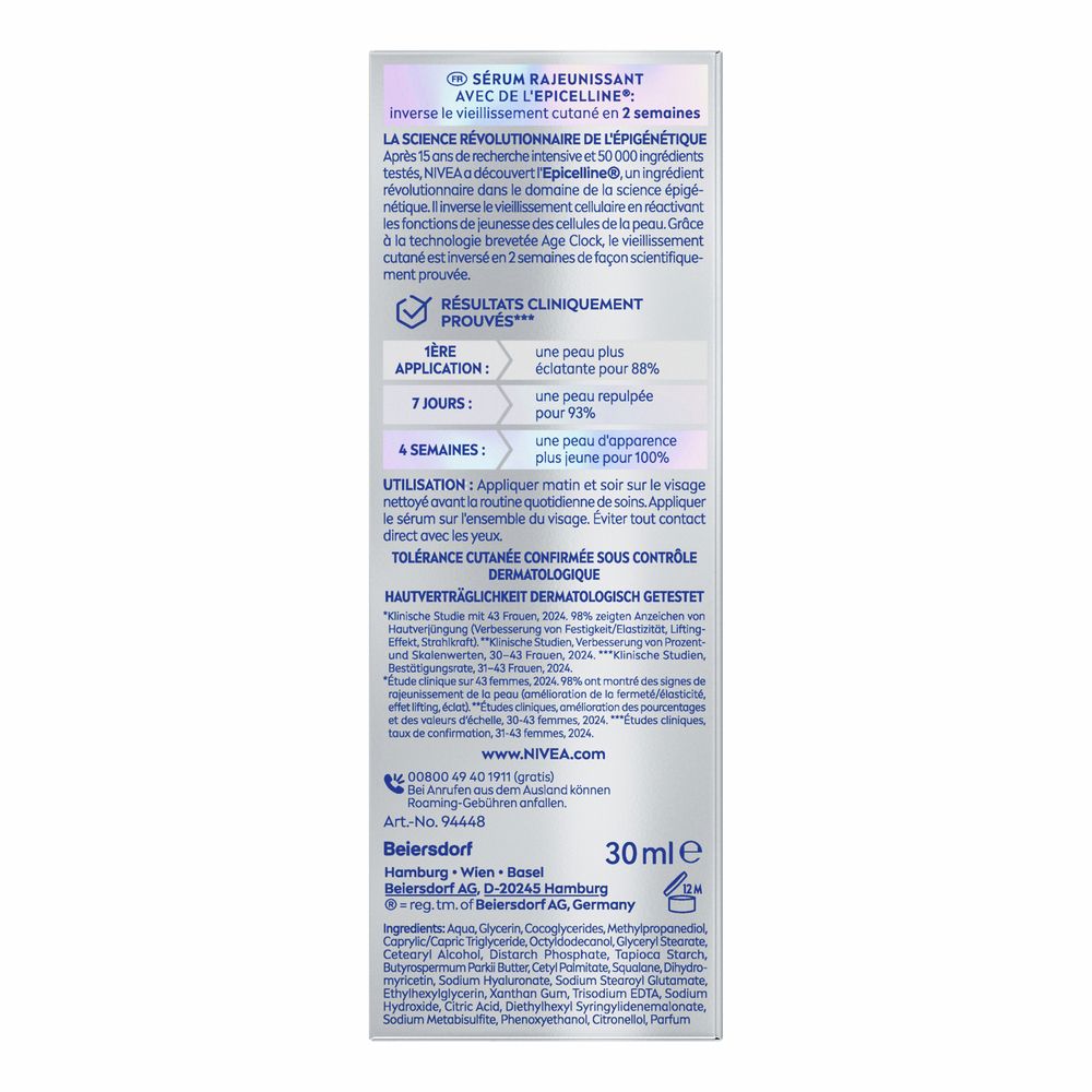 Rückseite der NIVEA Cellular Epigenetics Serum Faltschachtel mit Anwendungshinweisen und Inhaltsstoffen.