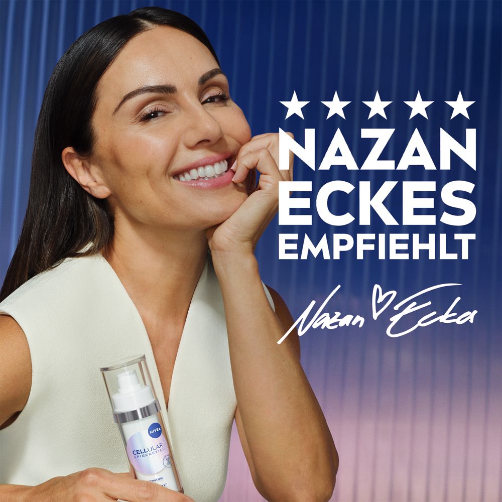 Frau mit NIVEA Cellular Epigenetics Serum. Nazan Eckes empfiehlt das Produkt.