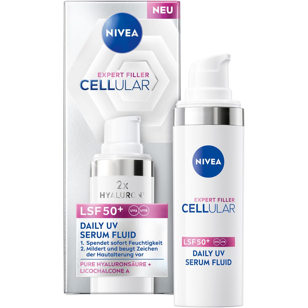 NIVEA CELLULAR Expert Filler Daily UV Serum Fluid LSF 50+ mit Pumpspender und Verpackung.