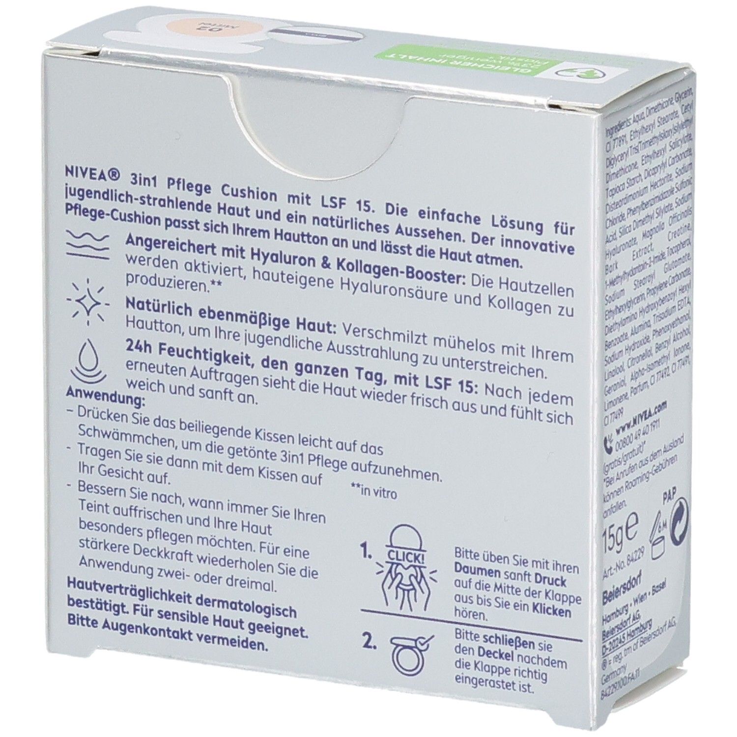 NIVEA CELLULAR Expert Finish 3in1 Pflege Cushion Mittel. Verpackung mit Produktinformationen. Farbton 02 Mittel. Anwendungshinweise und Inhaltsstoffe.