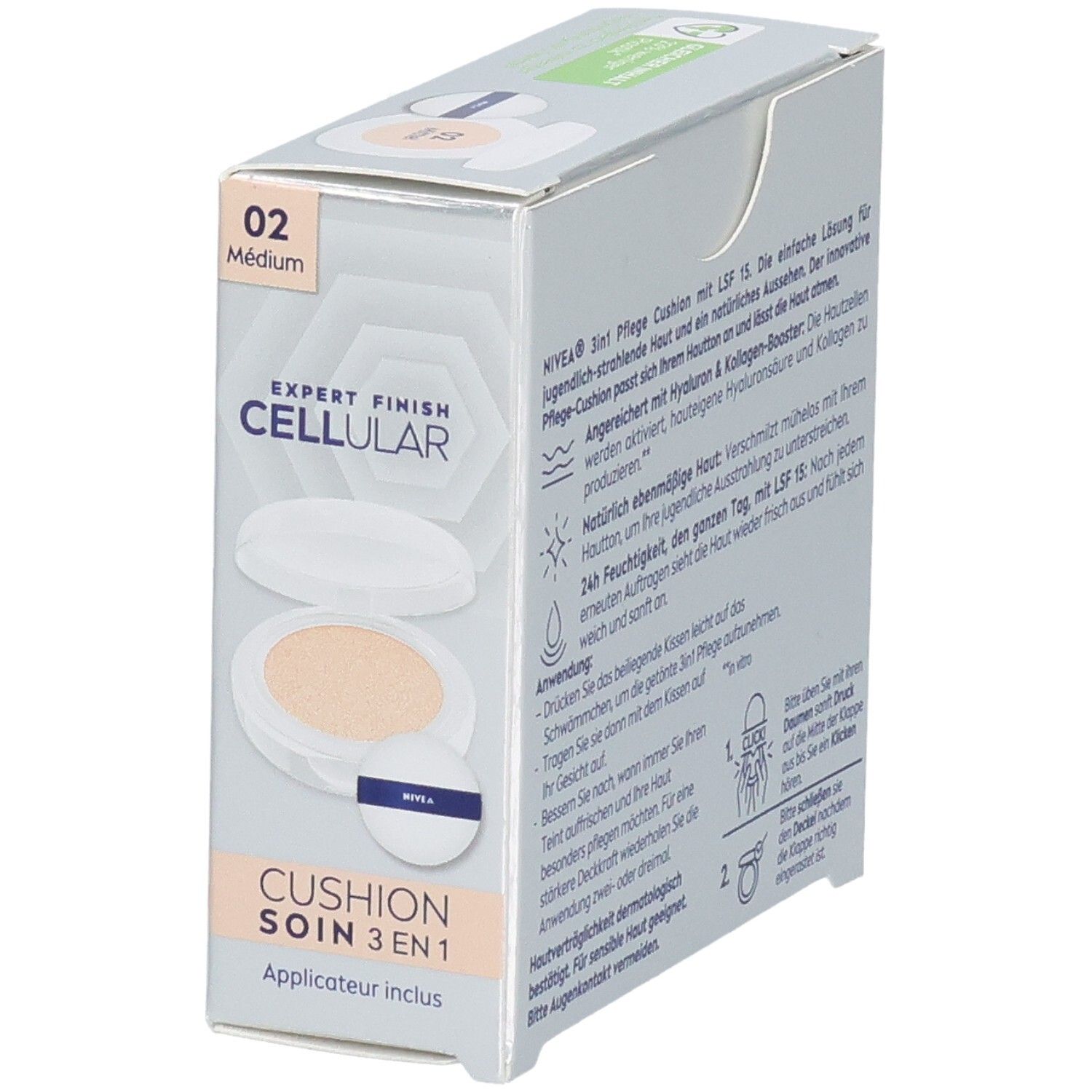 NIVEA CELLULAR Expert Finish 3in1 Pflege Cushion Mittel. Verpackung mit Produkt und Applikator. Farbton 02 Medium. Applikator inklusive.