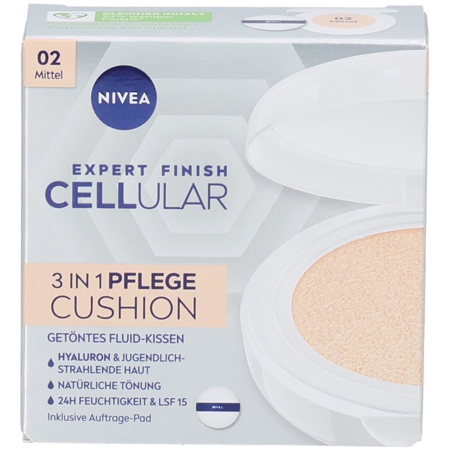 NIVEA CELLULAR Expert Finish 3in1 Pflege Cushion Mittel. Verpackung mit Produkt und Applikator. Farbton 02 Mittel. Inklusive Applikator-Pad.