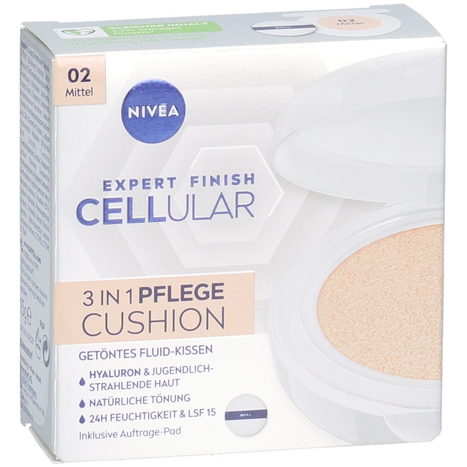 NIVEA CELLULAR Expert Finish 3in1 Pflege Cushion Mittel. Verpackung mit Produkt und Applikator. Farbton 02 Mittel. Inklusive Applikator-Pad.