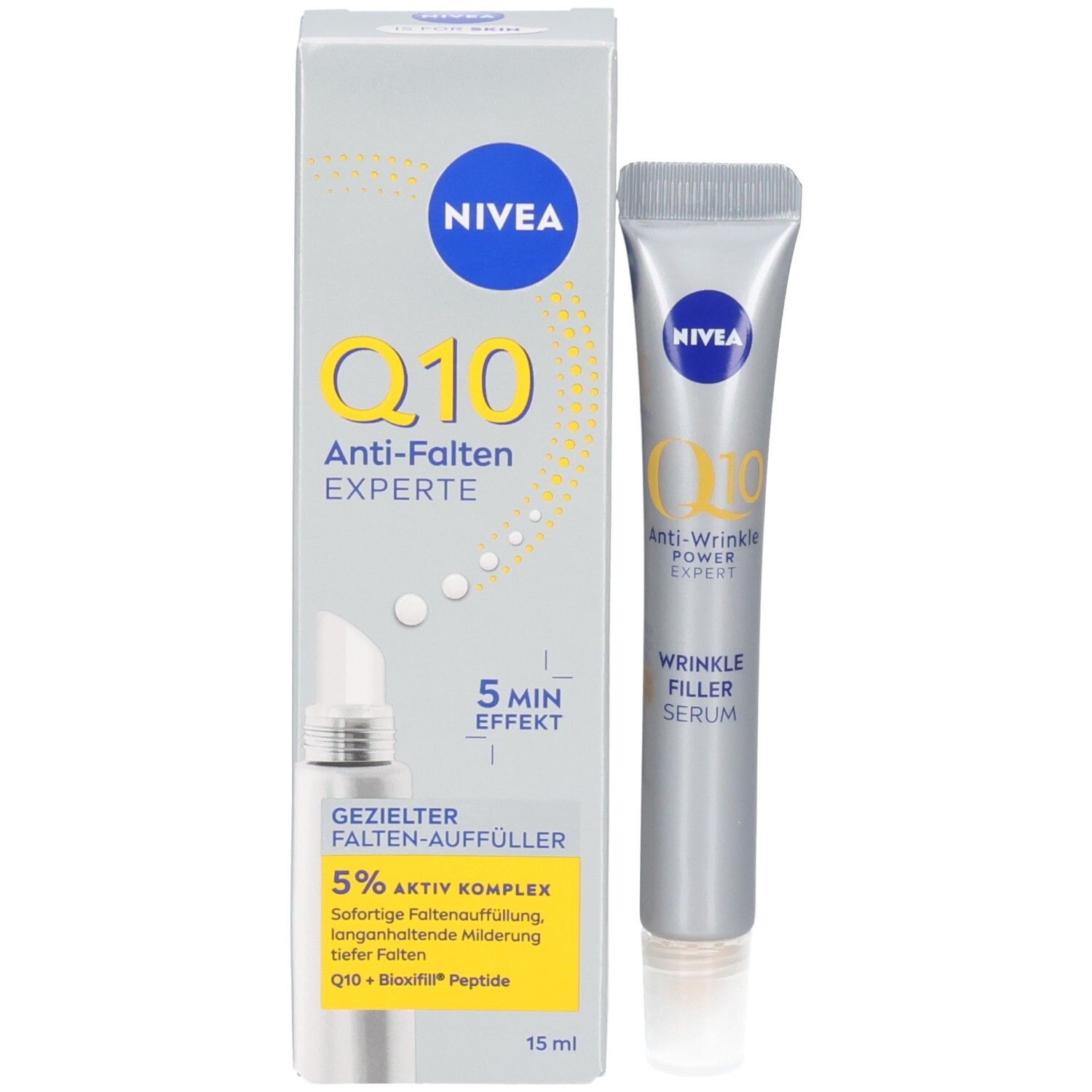 Produktverpackung mit Tube. NIVEA Q10 Anti-Falten EXPERTE. Gezielter Falten-Auffüller. 5 MIN Effekt. 15 ml. Tube daneben.