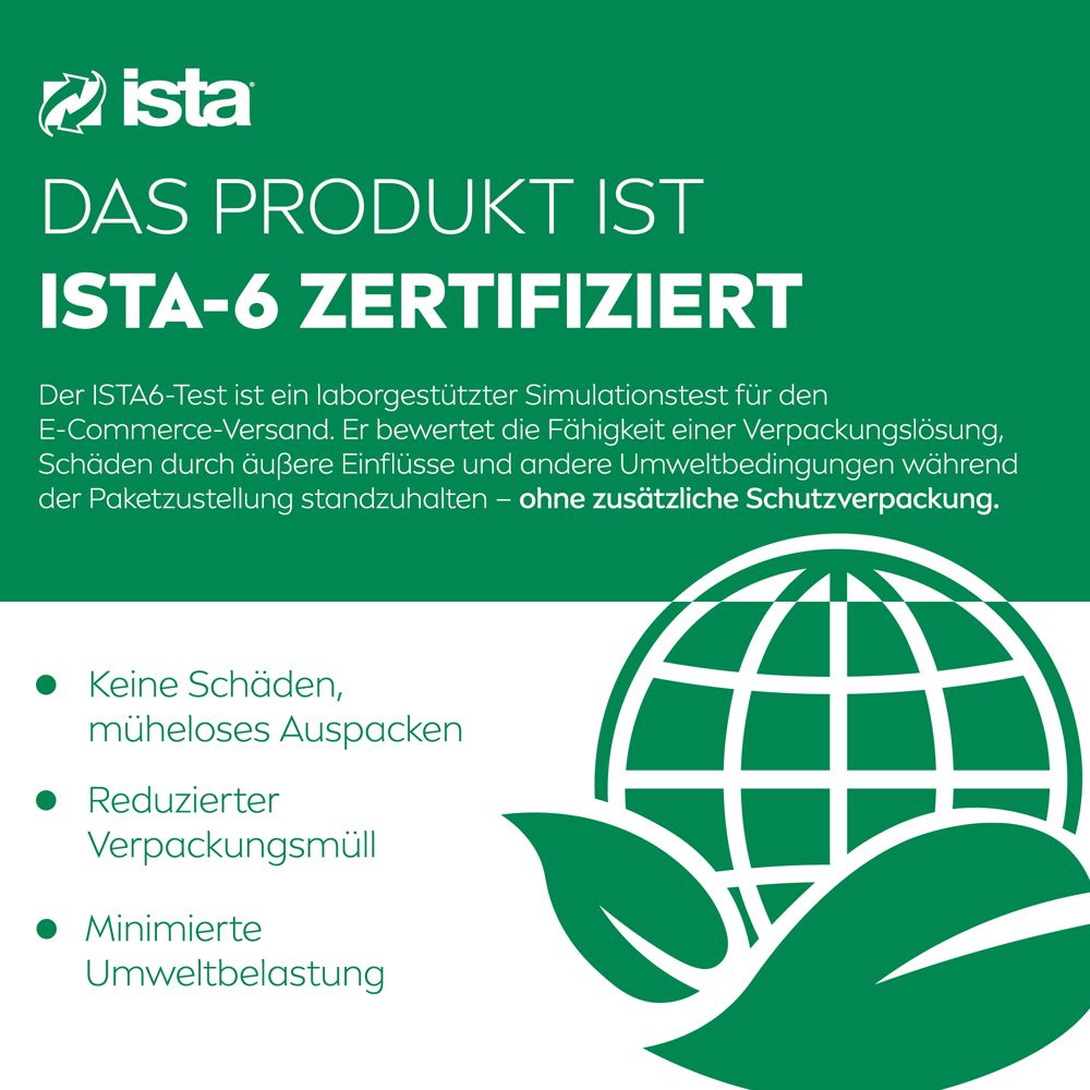 Zertifizierung ISTA-6 für das Produkt, die reduzierte Verpackung und Umweltbelastung hervorhebt.