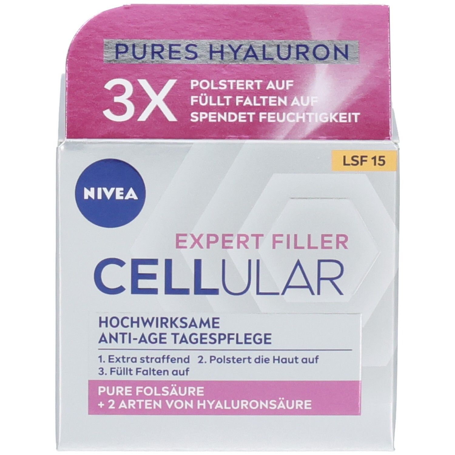 Produktverpackung, Karton. Aufschrift: NIVEA, CELLULAR EXPERT FILLER, Anti-Age Tagespflege, LSF 15.