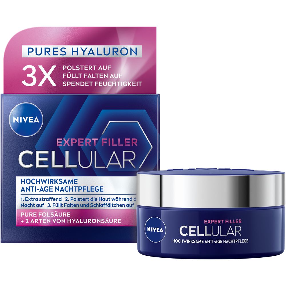 NIVEA CELLULAR Expert Filler Nachtpflege Tiegel und Faltschachtel. "3x Pures Hyaluron" steht auf der Schachtel.